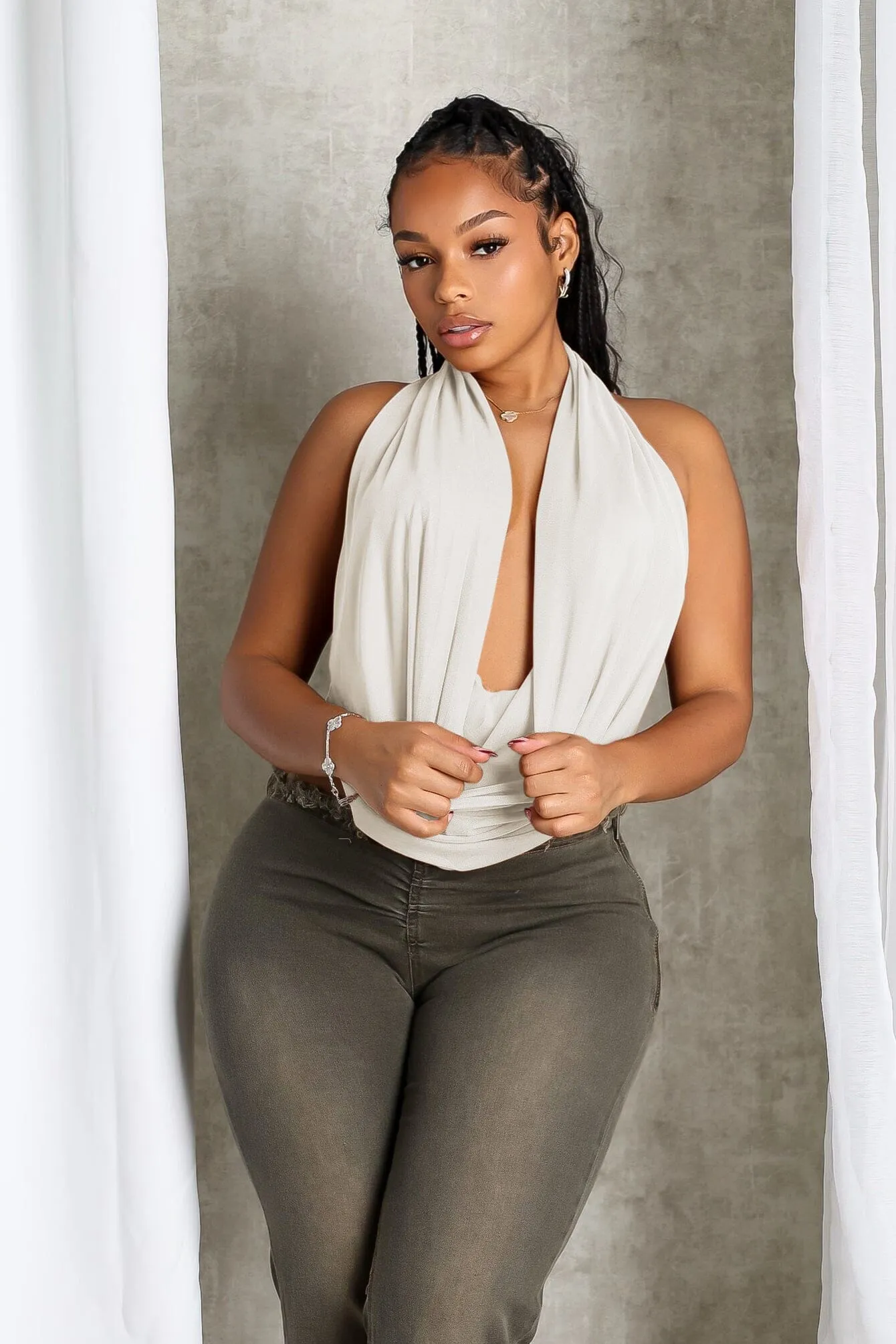 AntiMicrobialLining Zipper Closure Cascading Mesh Cowl Neck Tie Top