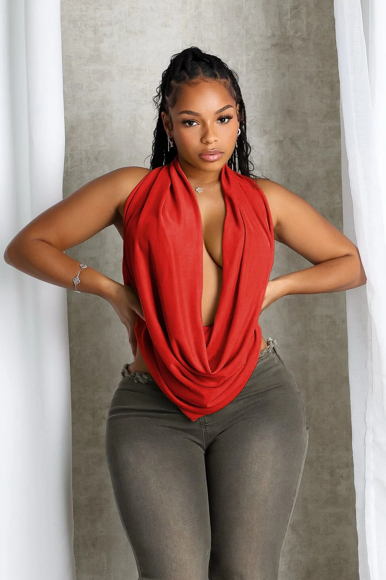 Athletic Look Printed Hoodie Cascading Mesh Cowl Neck Tie Top