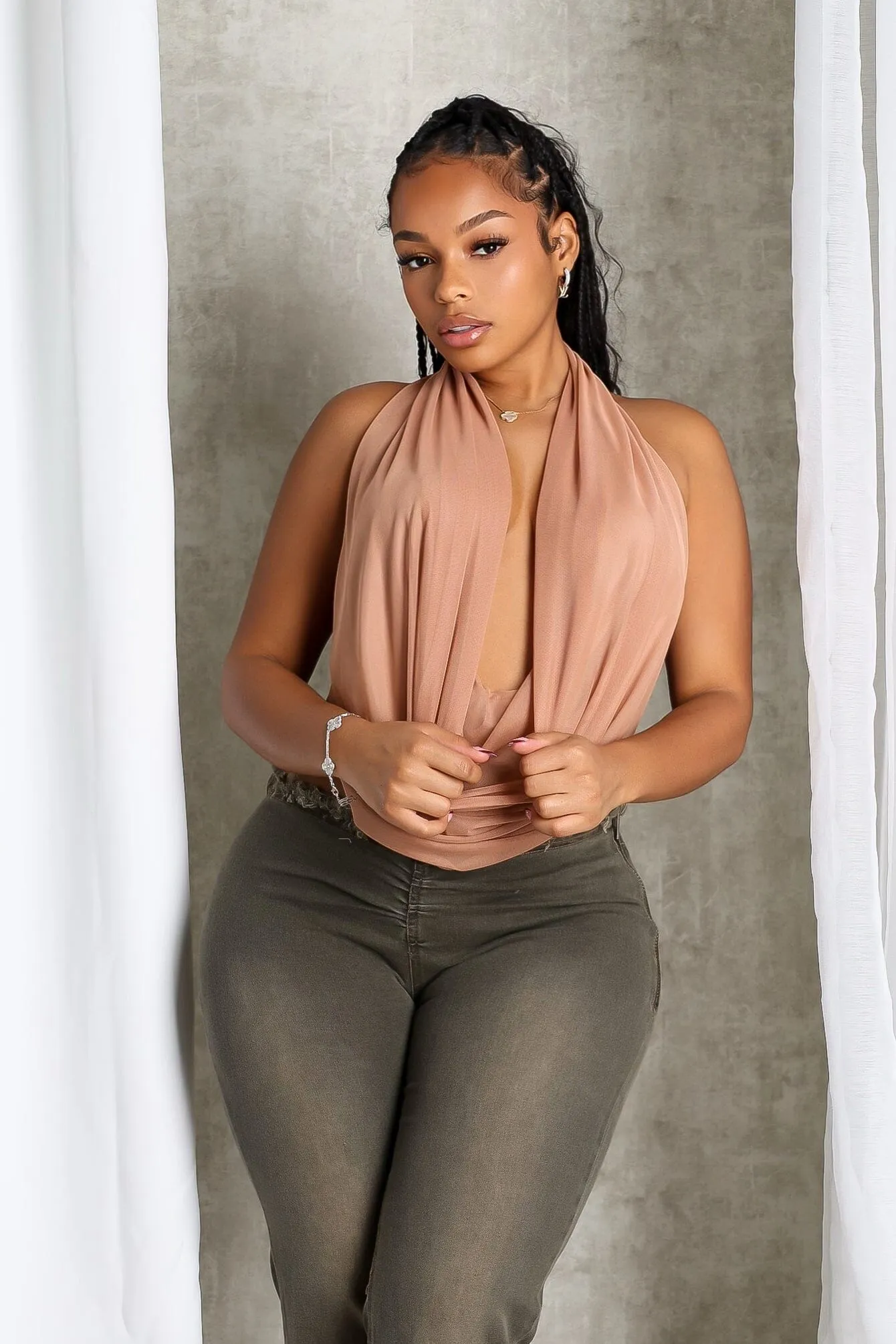 Cascading Mesh Cowl Neck Tie Top Winter Hoodie