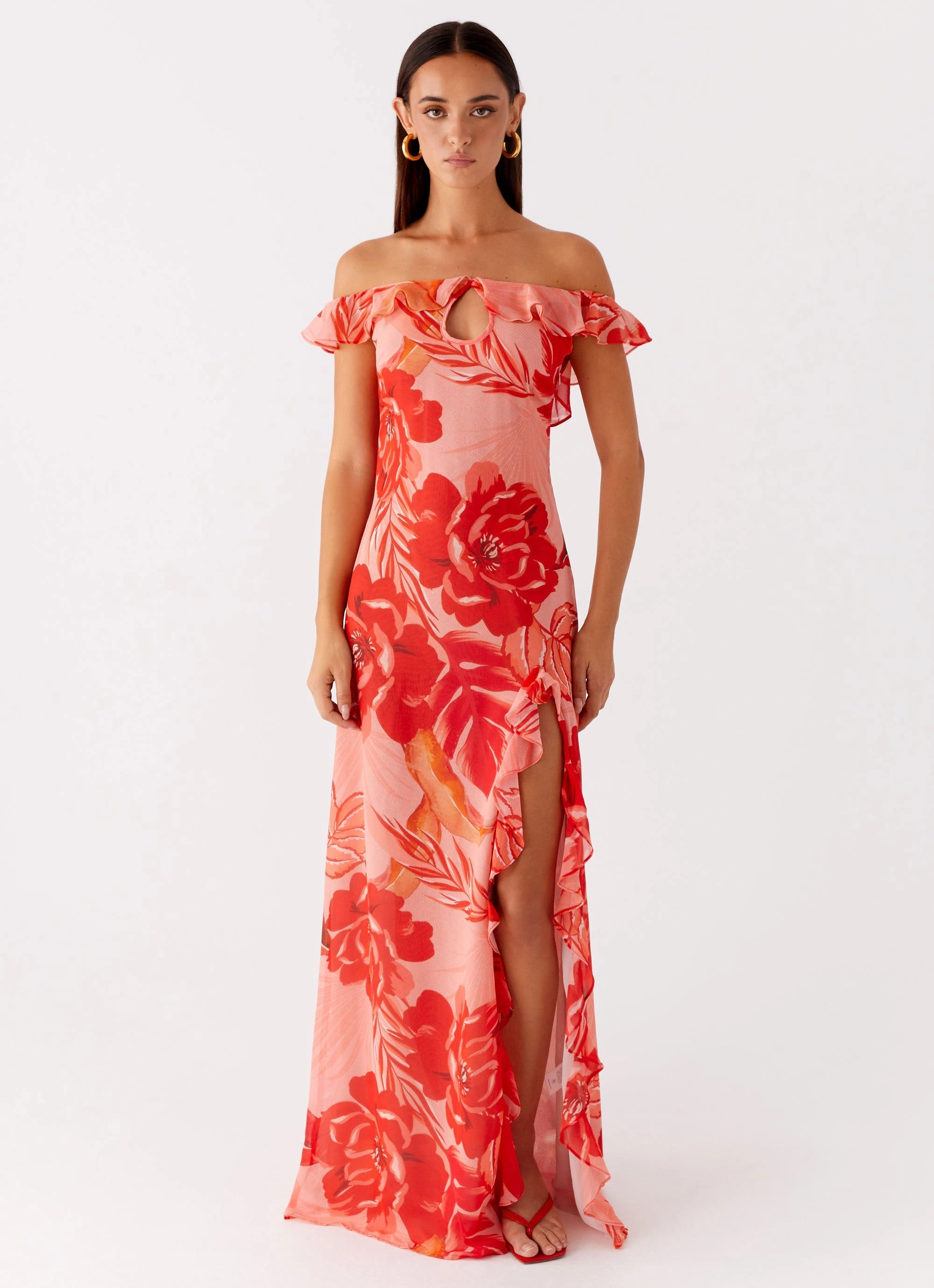 Cassiday Maxi Dress - Sicily Sunsets Print Glam Touch Lace-Sleeve