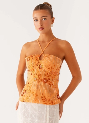 Catalina Sequin Top - Orange Flatlock Stitching Technique Breathable Underarm Gussets