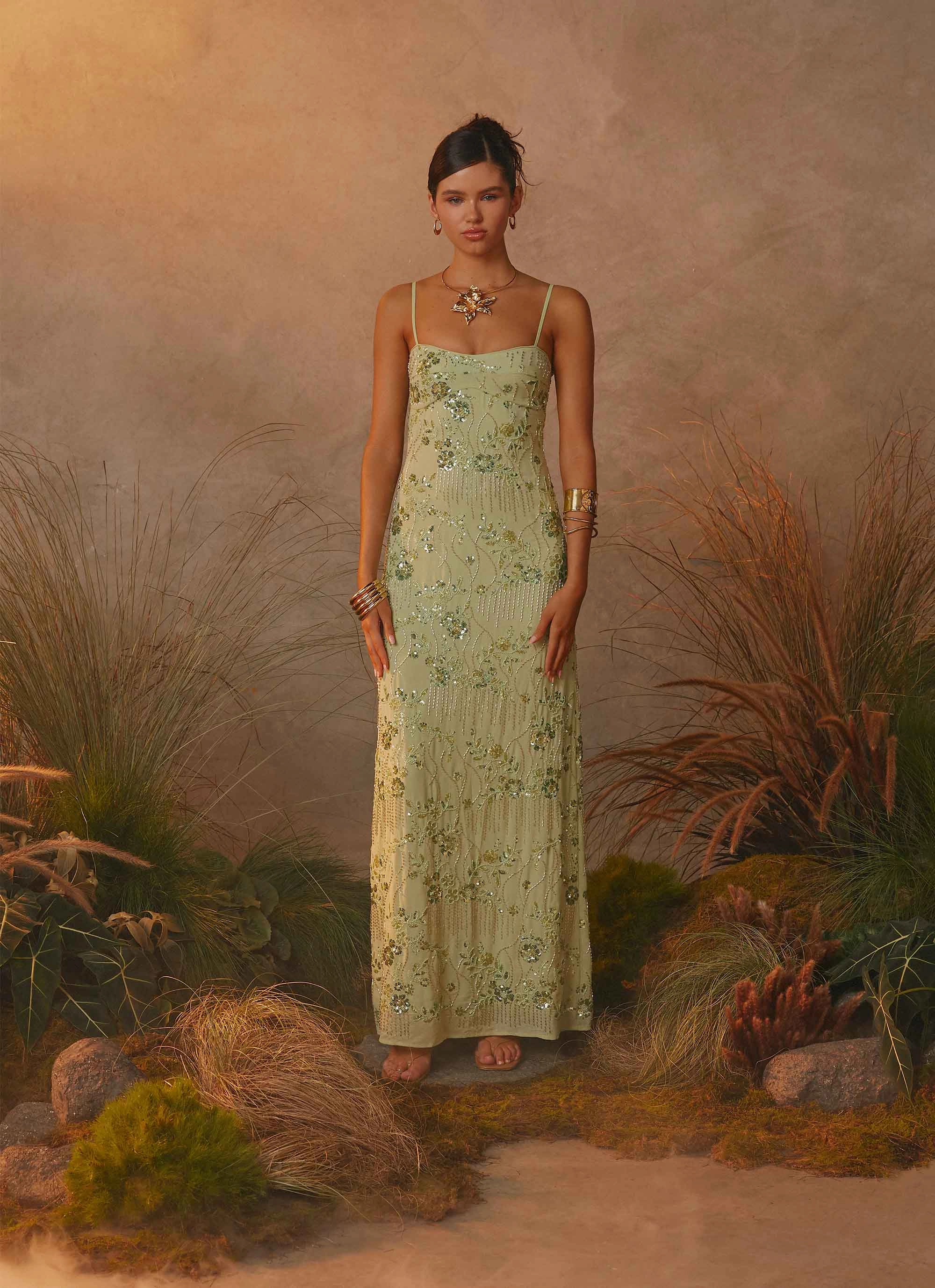 Light Mood Celandine Beaded Maxi Dress - Lime