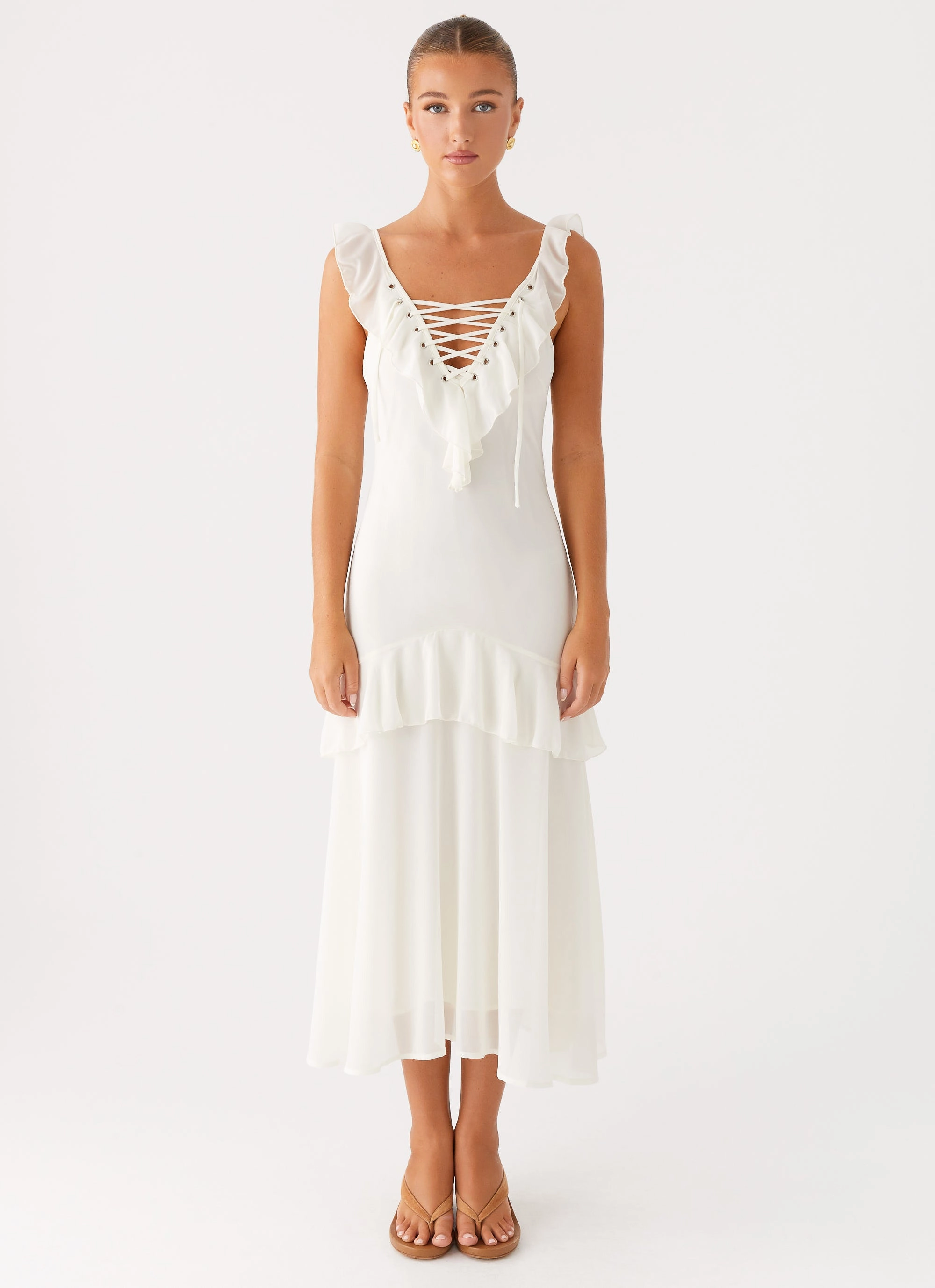 Layered-Sleeve Celie Midi Dress - Ivory