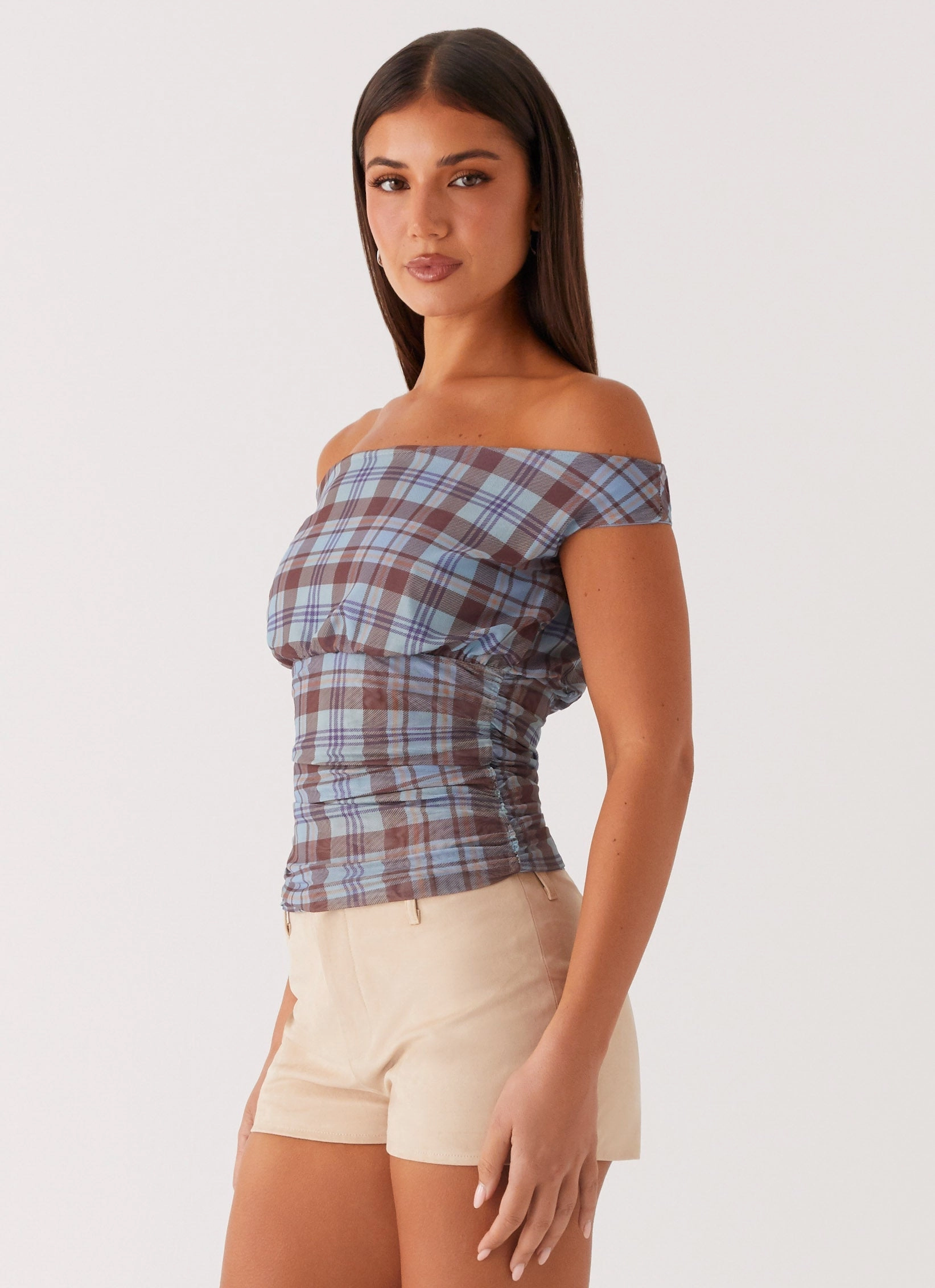 Zahli Off Shoulder Top - Shoreline Check All Season Wear Fabric