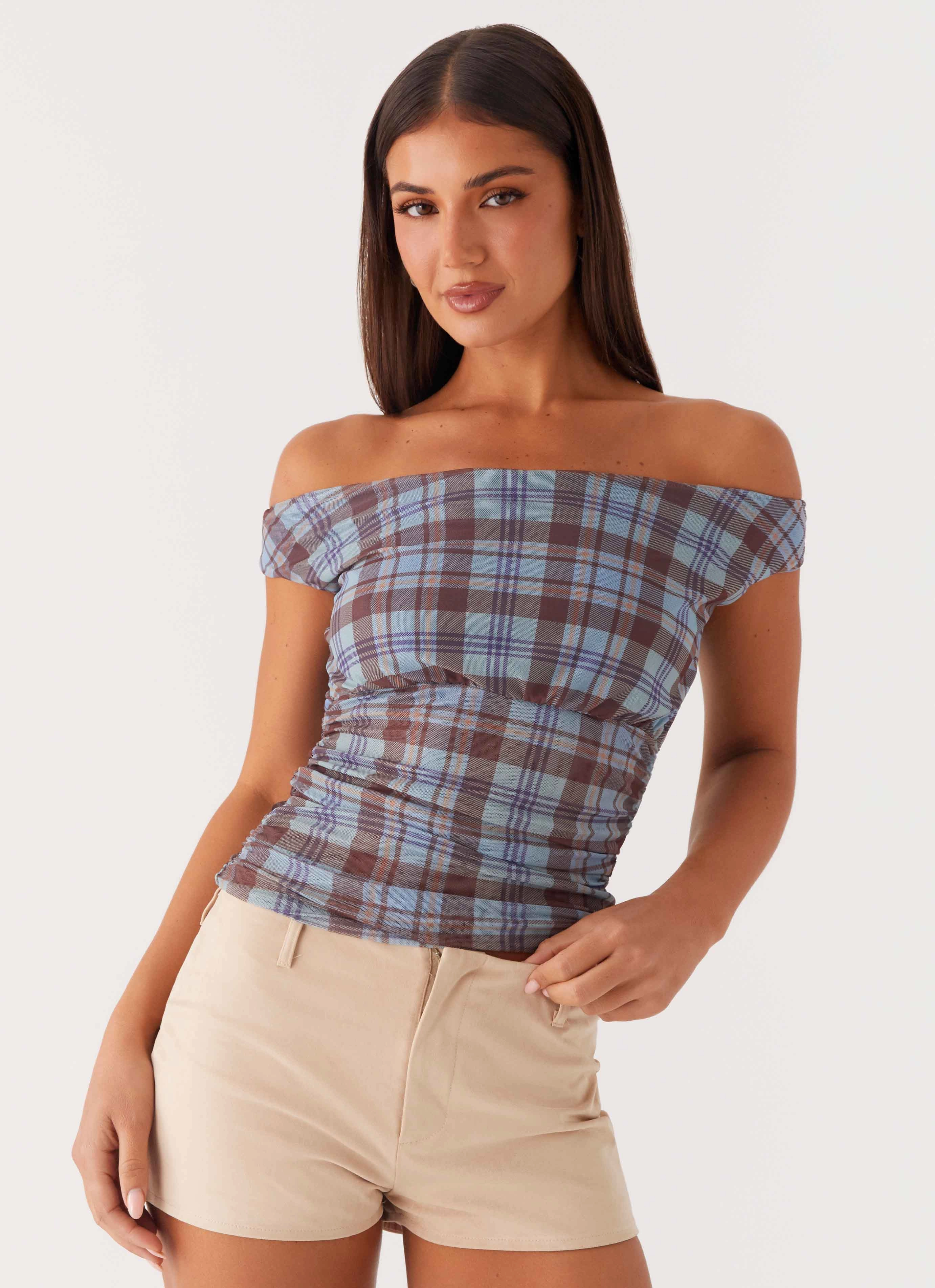 Recycled Material Blend OversizedFit Zahli Off Shoulder Top - Shoreline Check