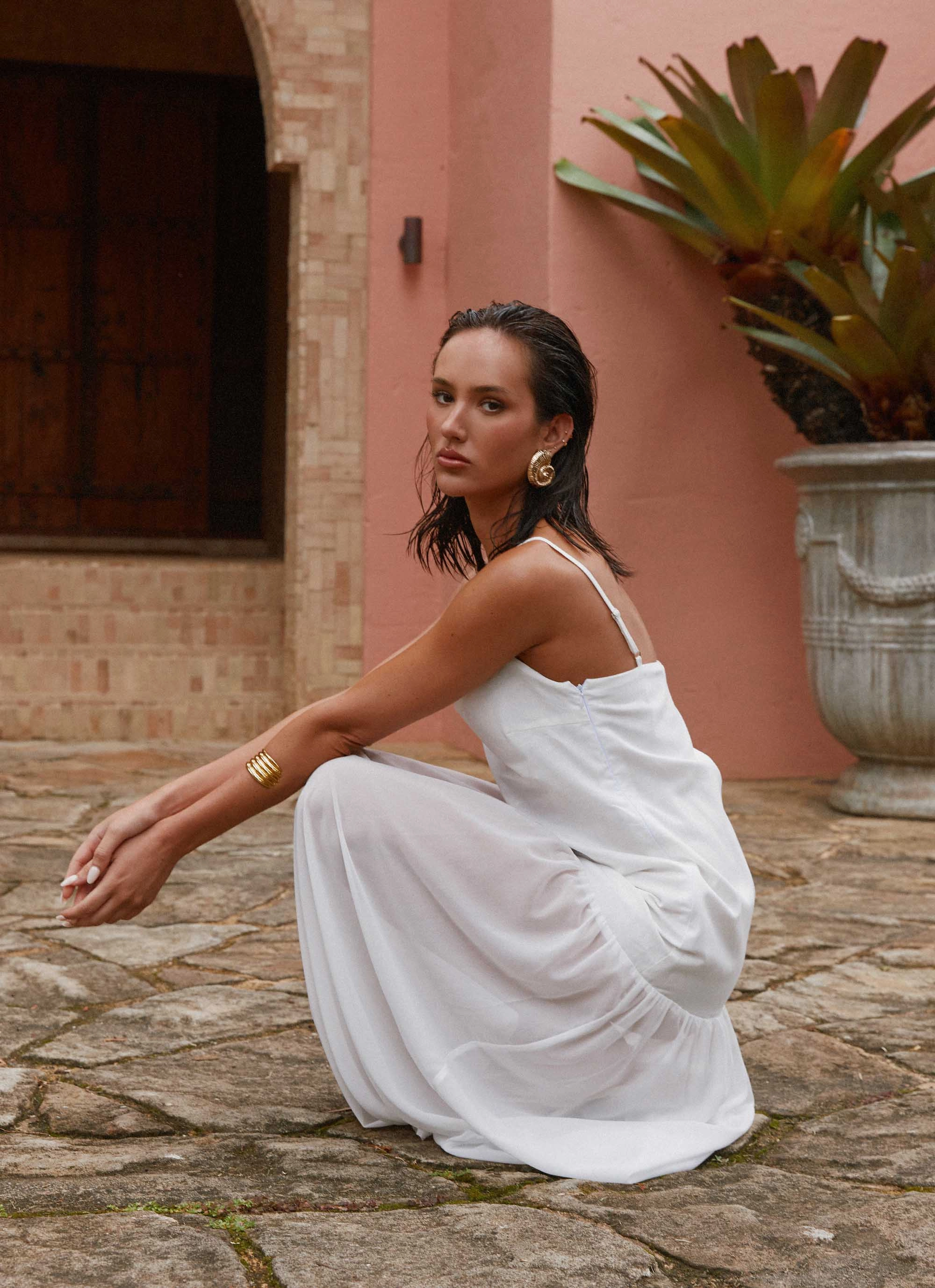 Heavenly Linen Maxi Dress - White Cinched-Waist