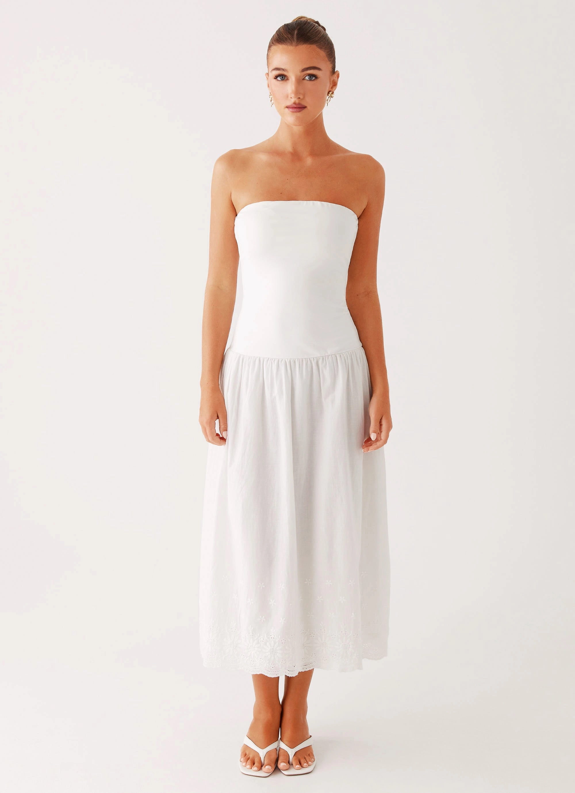 Cherry Skies Midi Dress - White Sleek Outline Daytime Fit