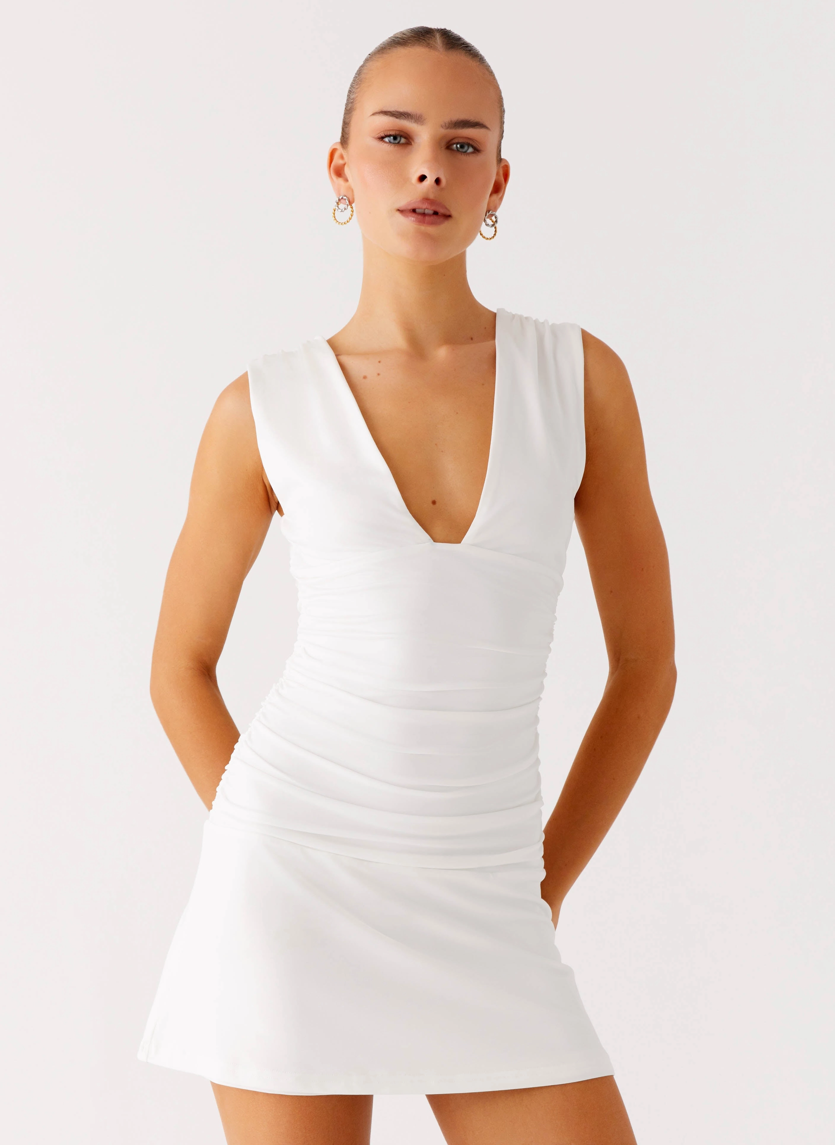 Belted-Style Clean Vibe Cherry Sky Mini Dress - White