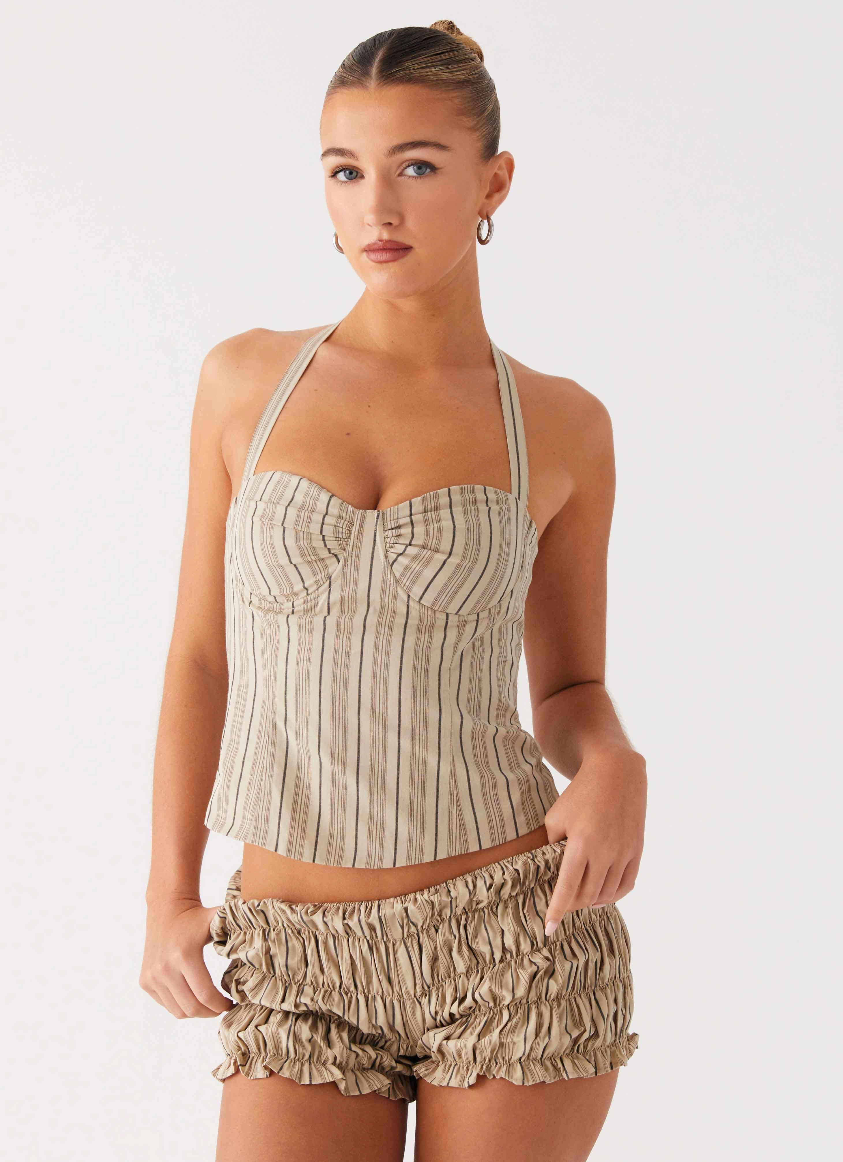 Cheryl Bustier Halter Top - Oatmeal Stripe Bonded Seam Tape OversizedSilhouette