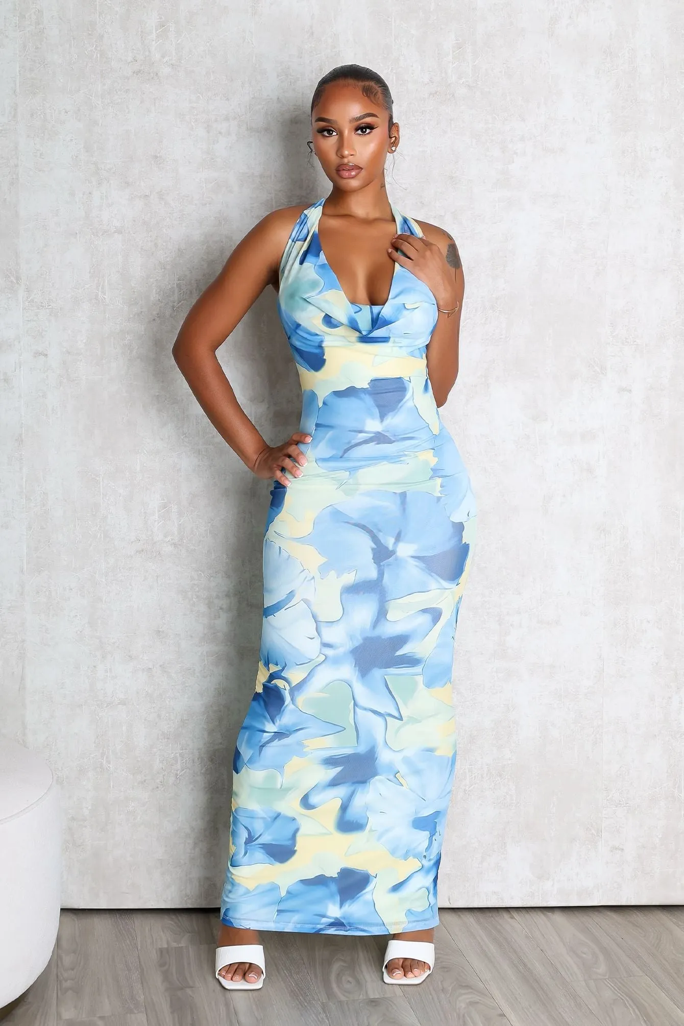 Sundaze Print Mesh Cowl Neck Maxi Dress Urban Ready