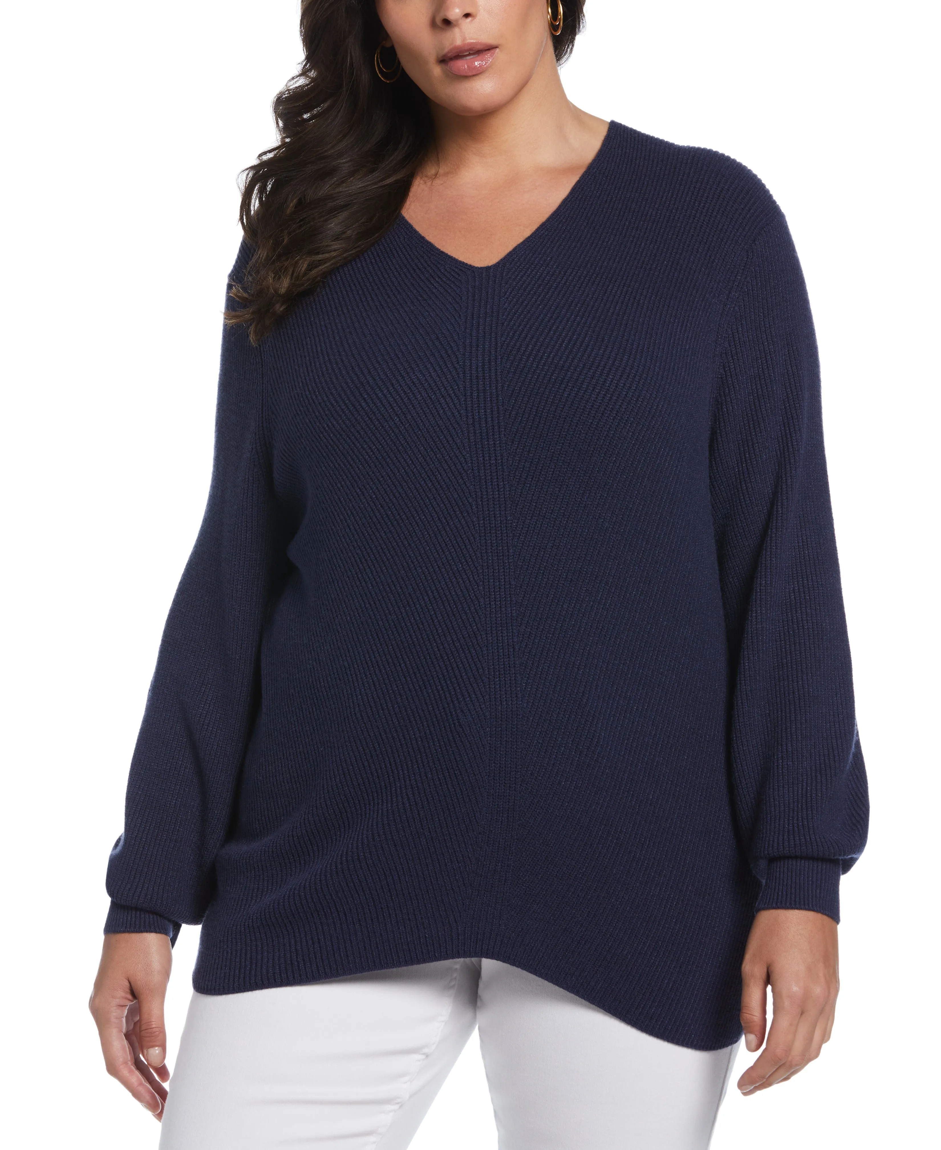 Plus Size Essential Ribbed V-Neck Sweater Midweight Texture EasyCare Material