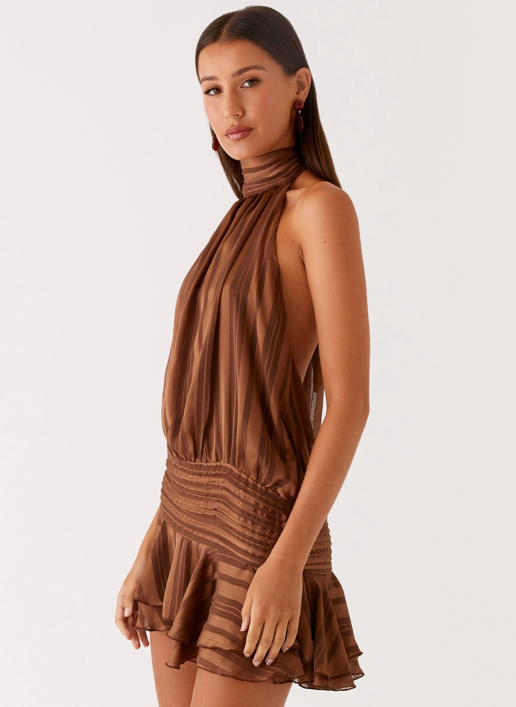 Puff-Sleeve FadeResistantColor Willow Chiffon Mini Dress - Chocolate