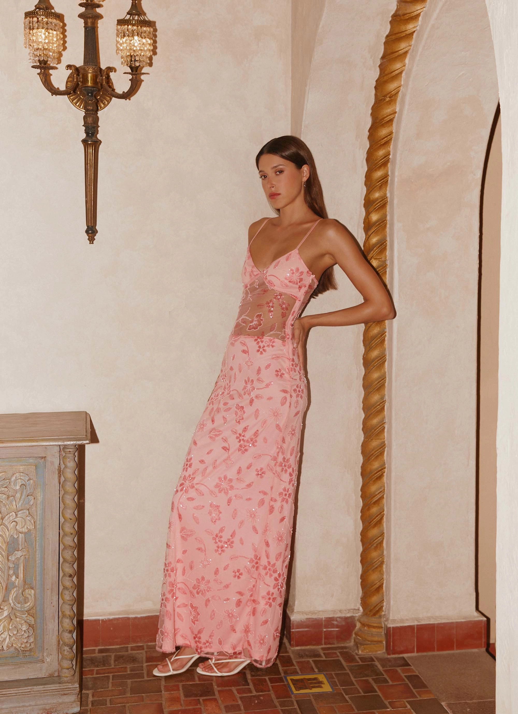 Akira Beaded Maxi Dress - Pink Orange Luxe Look