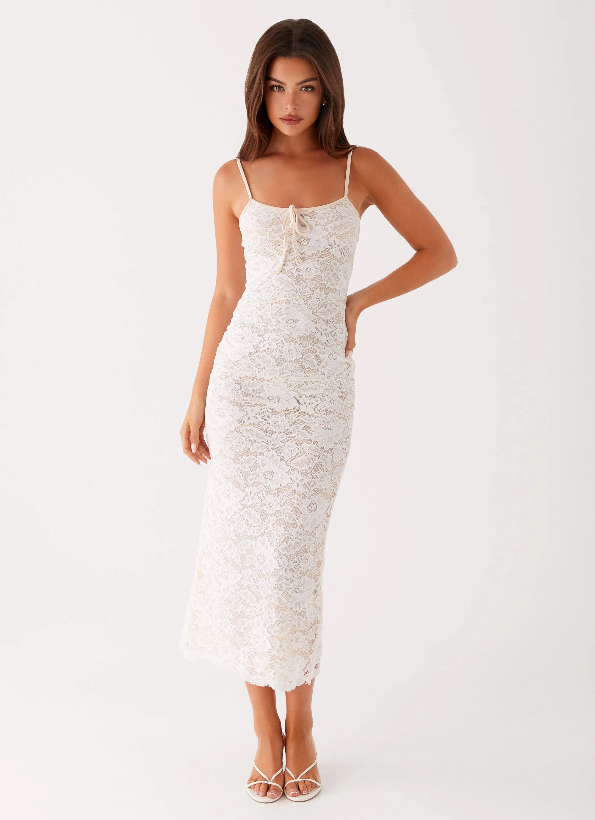 Harmonious Layers Balanced Texture Postcards Lace Midi Dress - Ivory