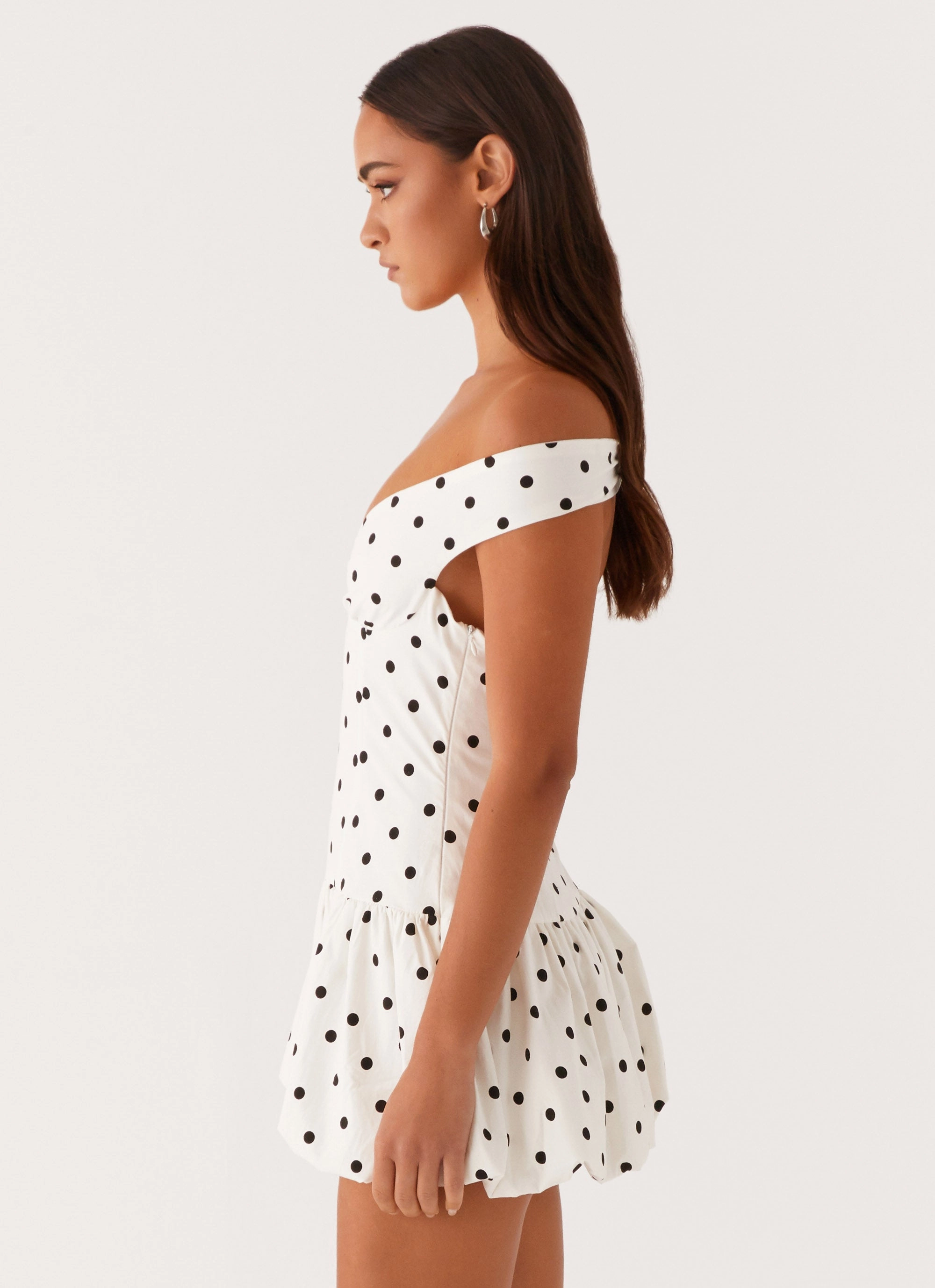 Endless Romance Off Shoulder Mini Dress - White Polka Dot Wrap style On-The-Go Outfit