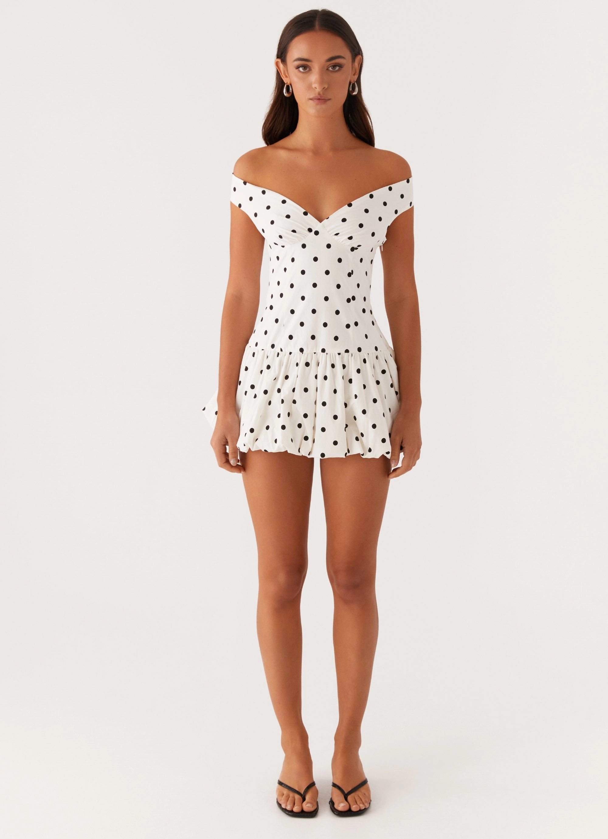 Low Impact Dye Easy Vibe Endless Romance Off Shoulder Mini Dress - White Polka Dot