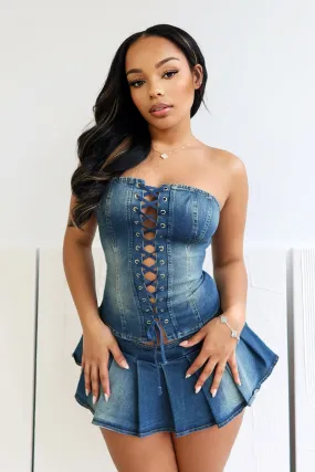 Muted Blue Denim Corset Top & Skirt SET QuickDryTechnology SustainableManufacturing