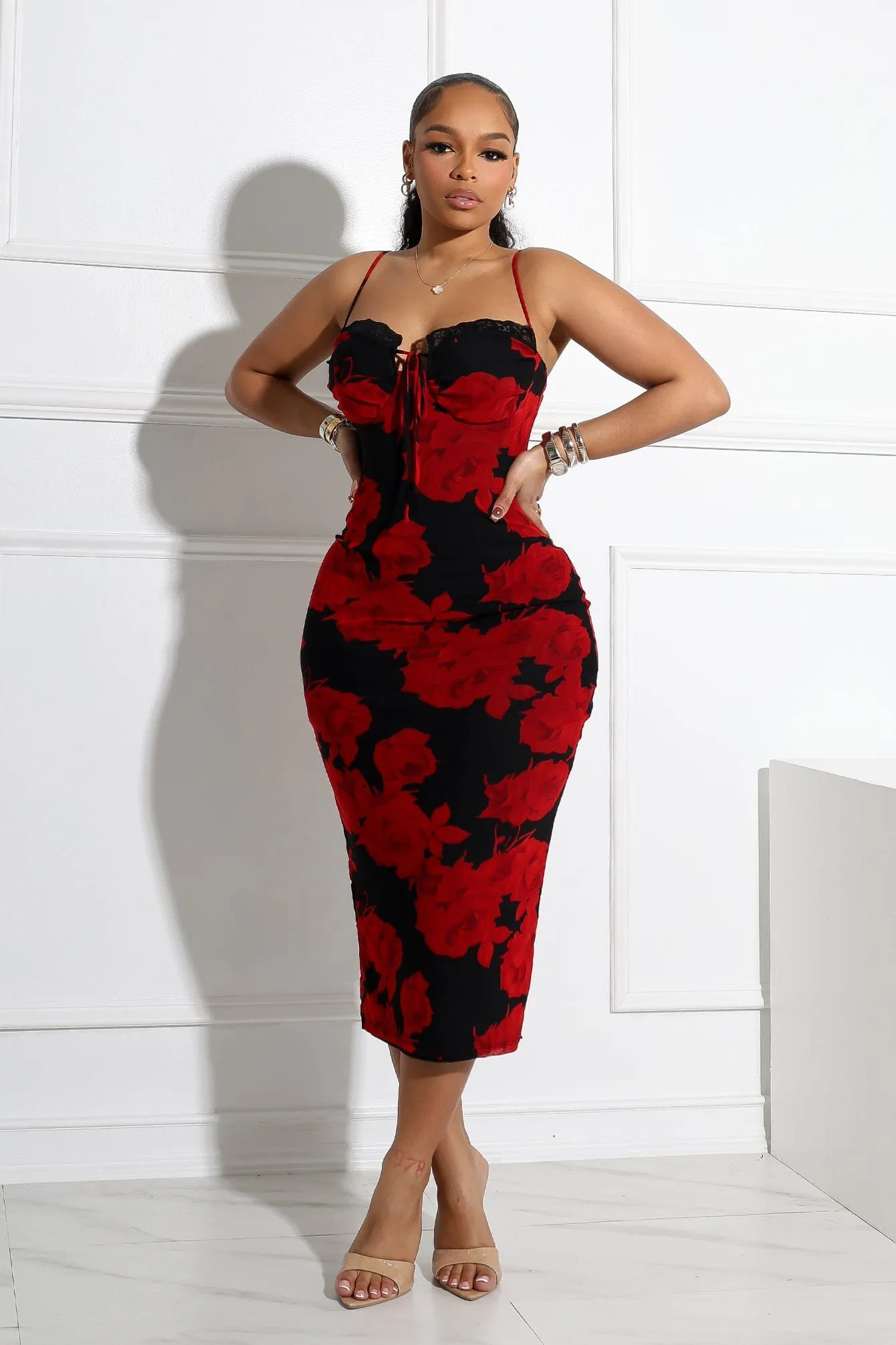 Florencia Floral Lace Bustier Midi Dress Rose Flush