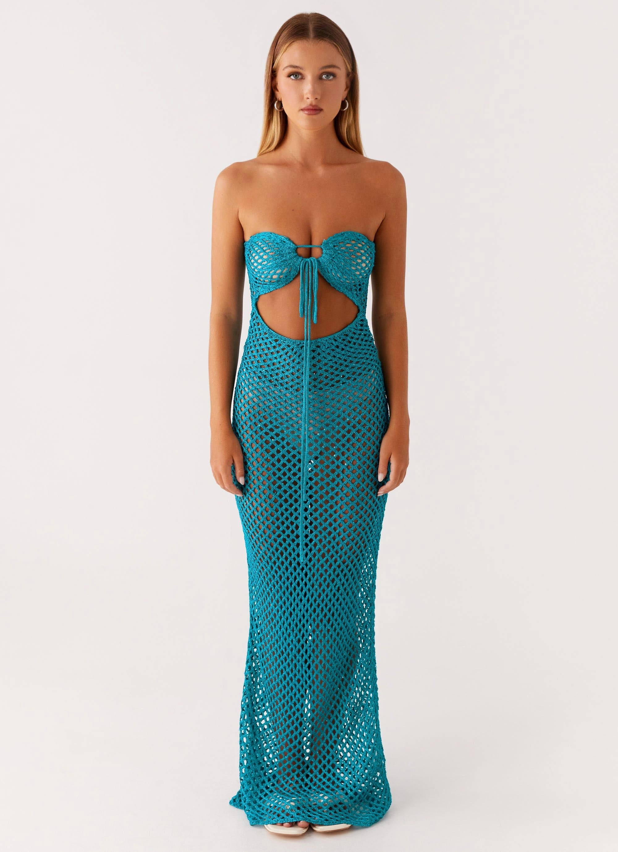 Vibrant Tone Sun Kissed Crochet Maxi Dress - Blue