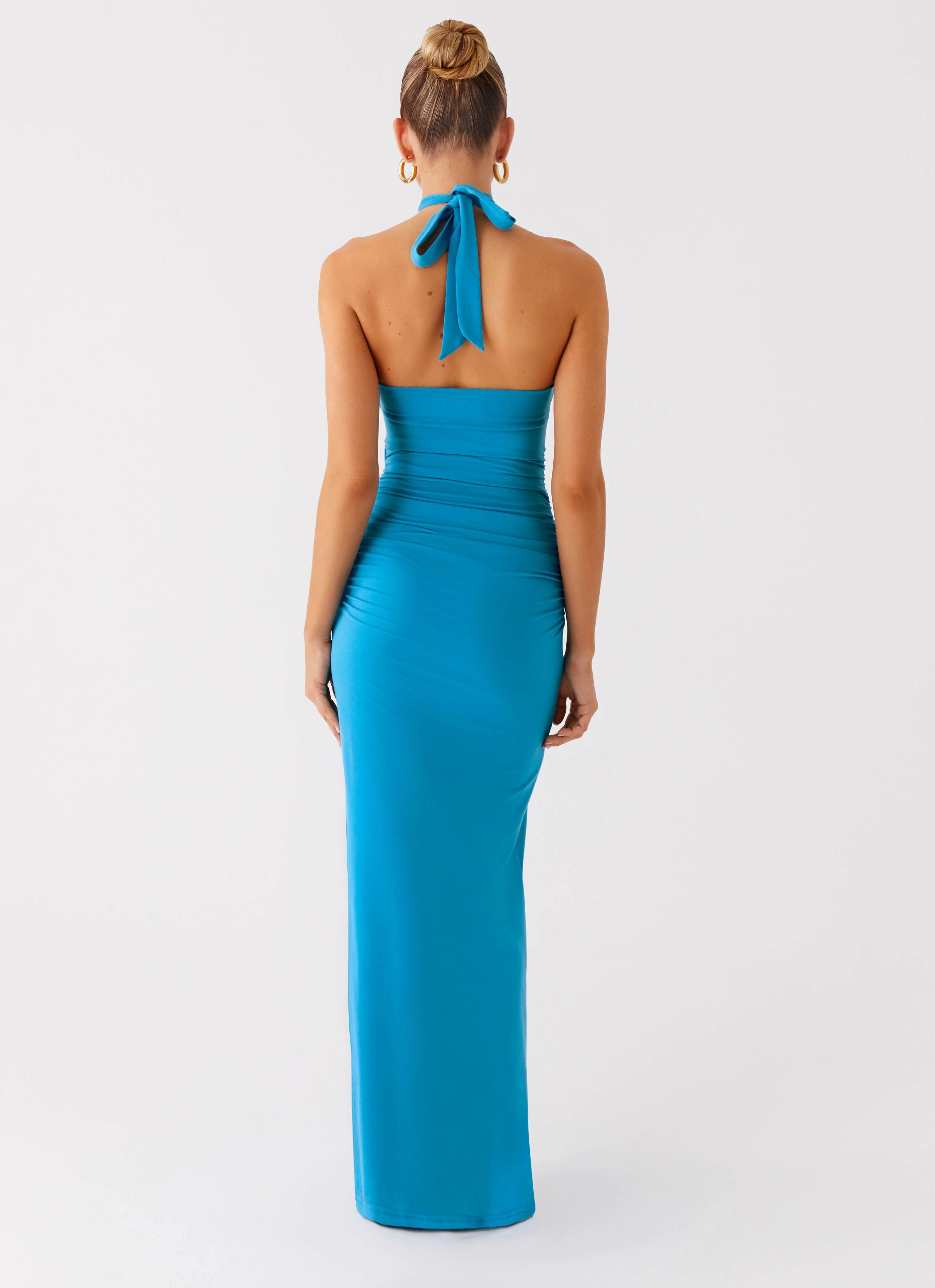 Square Neck Versatile Layering Chiquita Halter Maxi Dress - Turquoise Blue