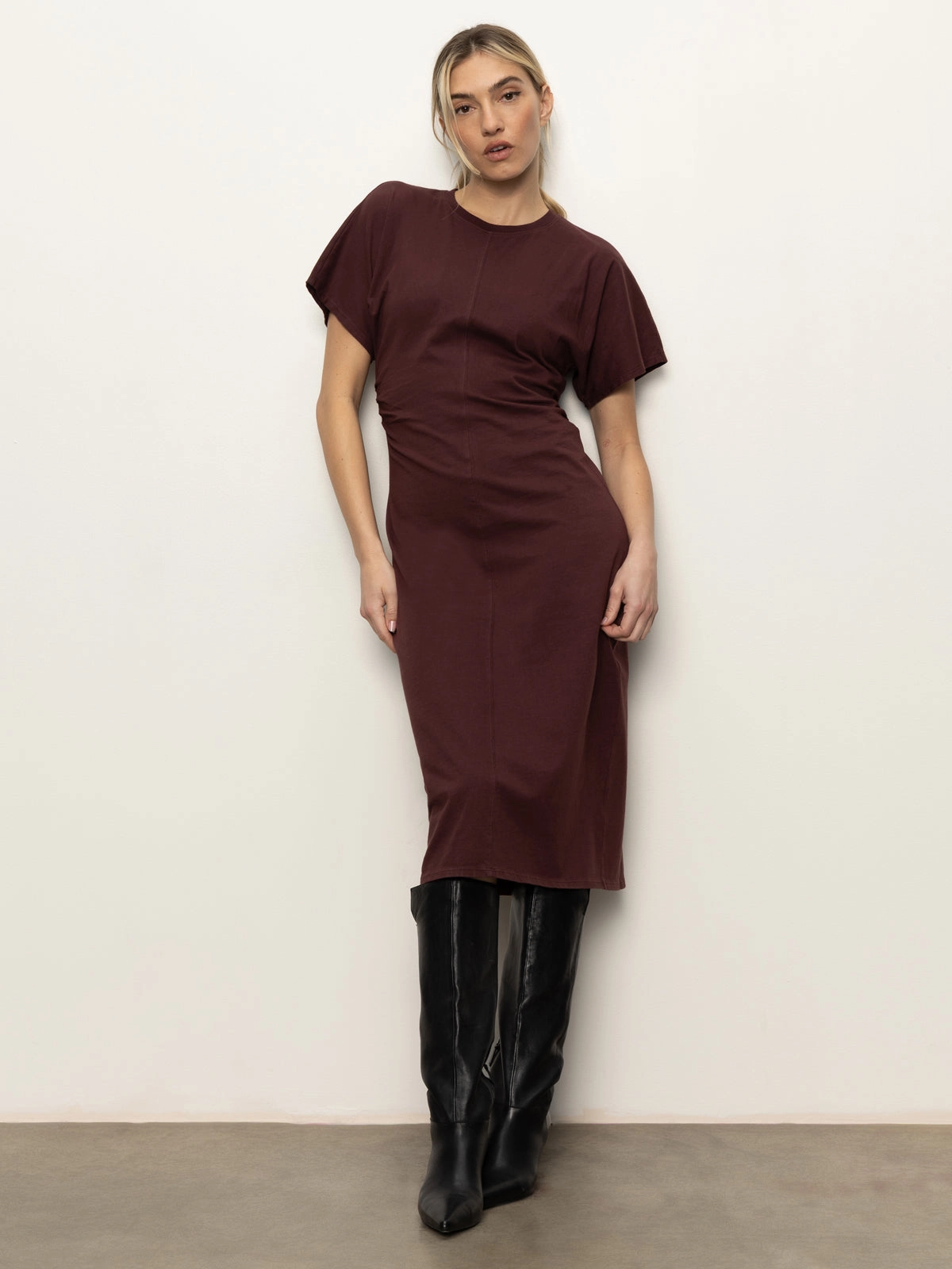 Cinched Waist T-Shirt Dress Chicory Bound Seam Edges