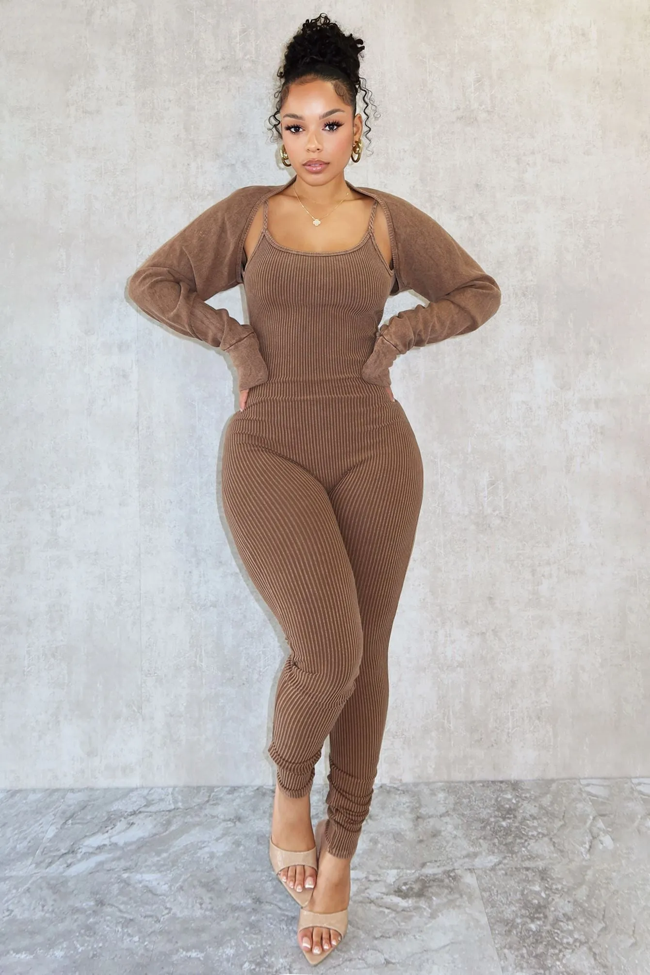 Versatile Wear Water Repellent Coating Cindy Mineral Washed Jumpsuit & Bolero SET