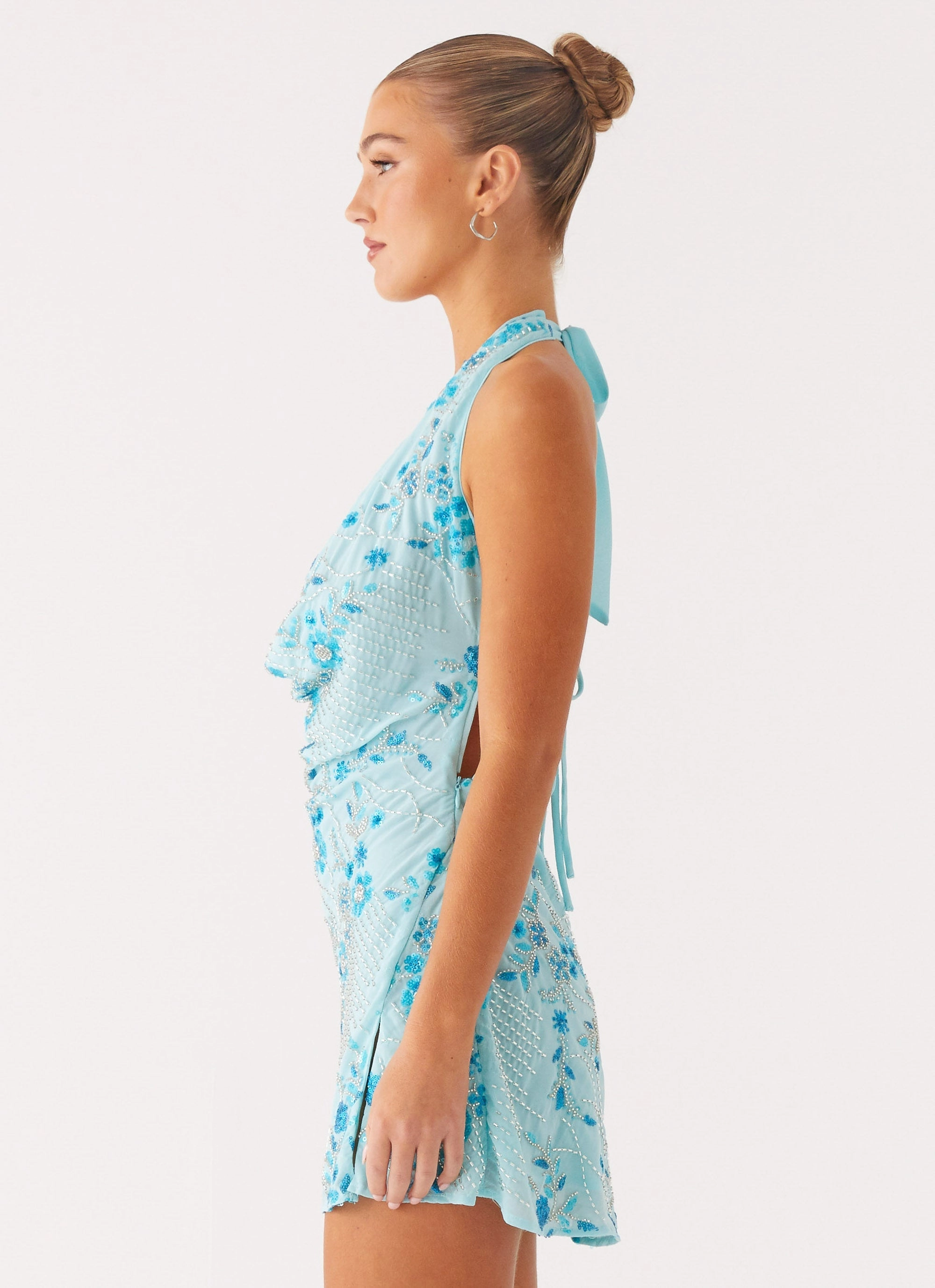 Side Slit Laidback Style Cinzia Beaded Mini Dress - Blue