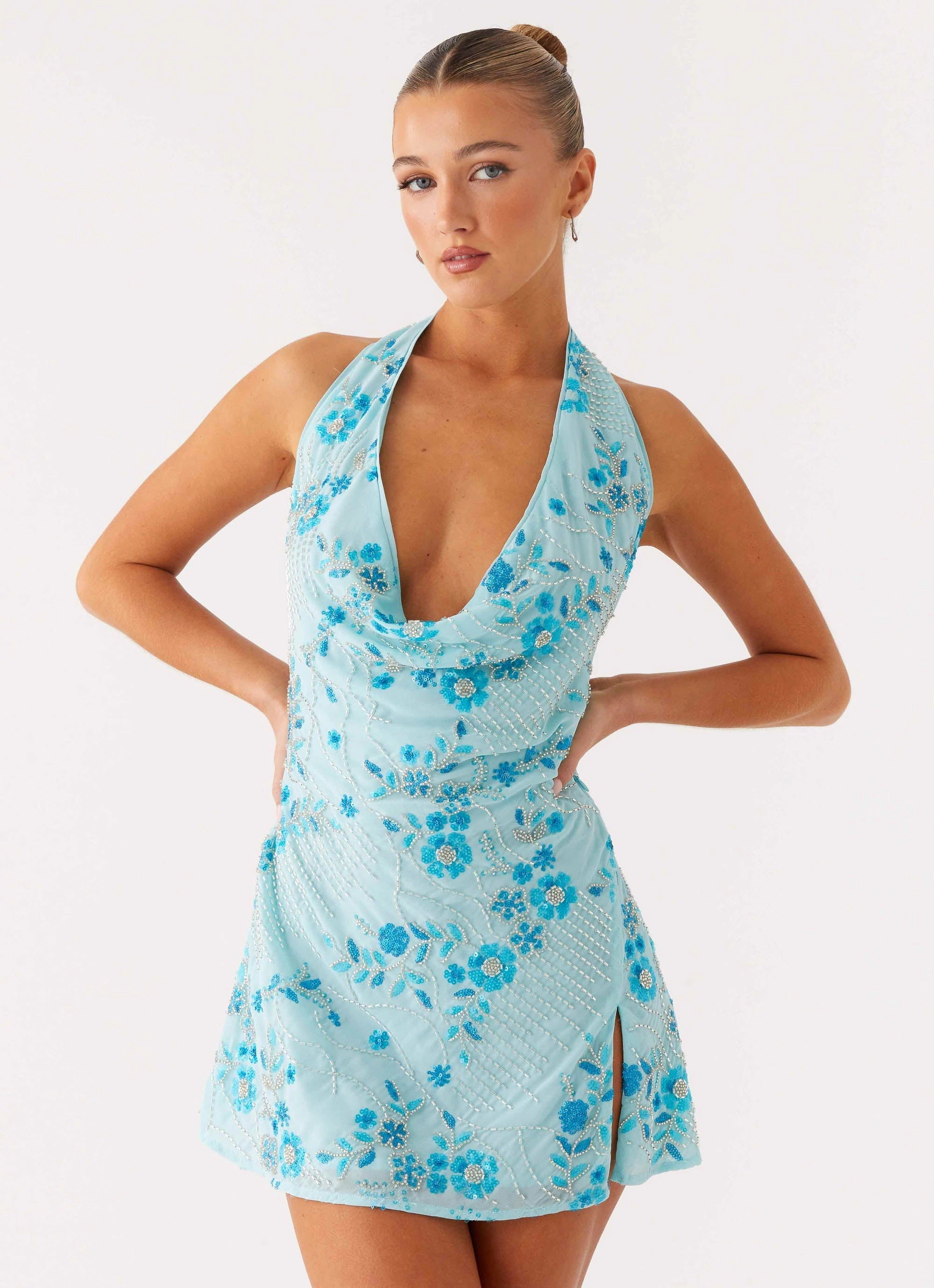 Versatile dress for layering Comfort and Elegance Cinzia Beaded Mini Dress - Blue