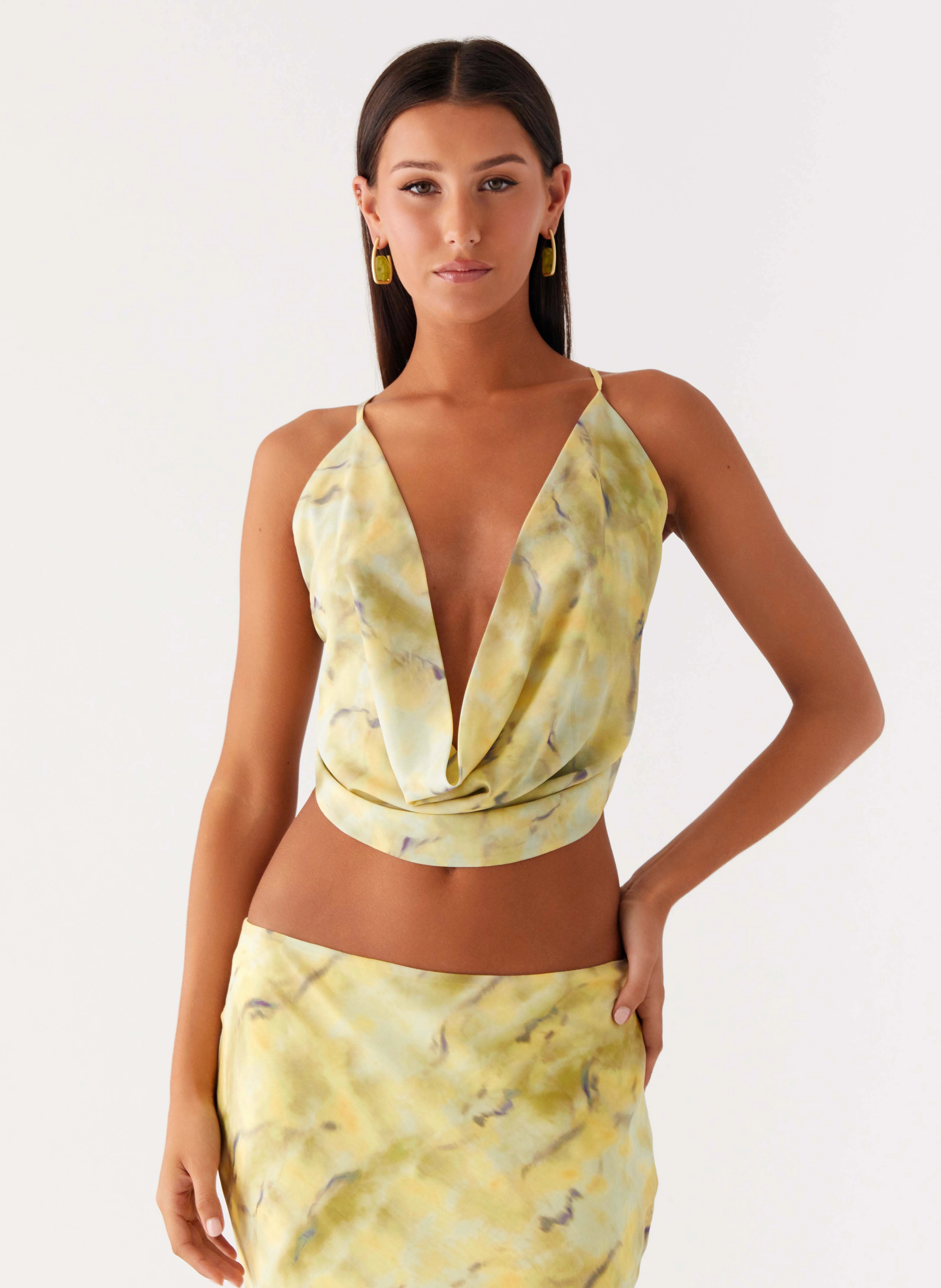 Kylo Cowl Top - Yellow Tie Dye Self Cleaning Coating RibbedHemline