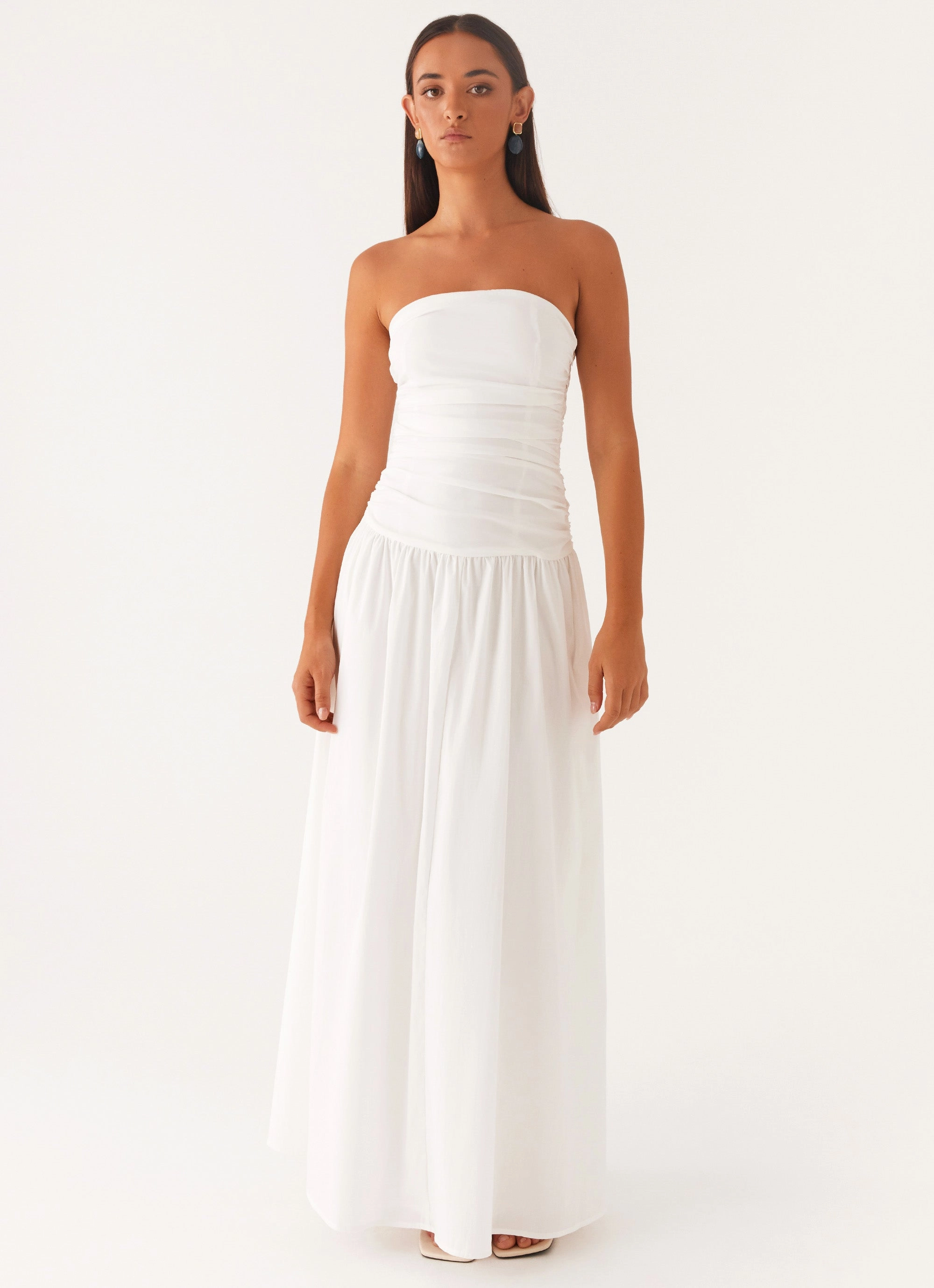 Party Perfect Dropped-Waist Carmel Maxi Dress - White