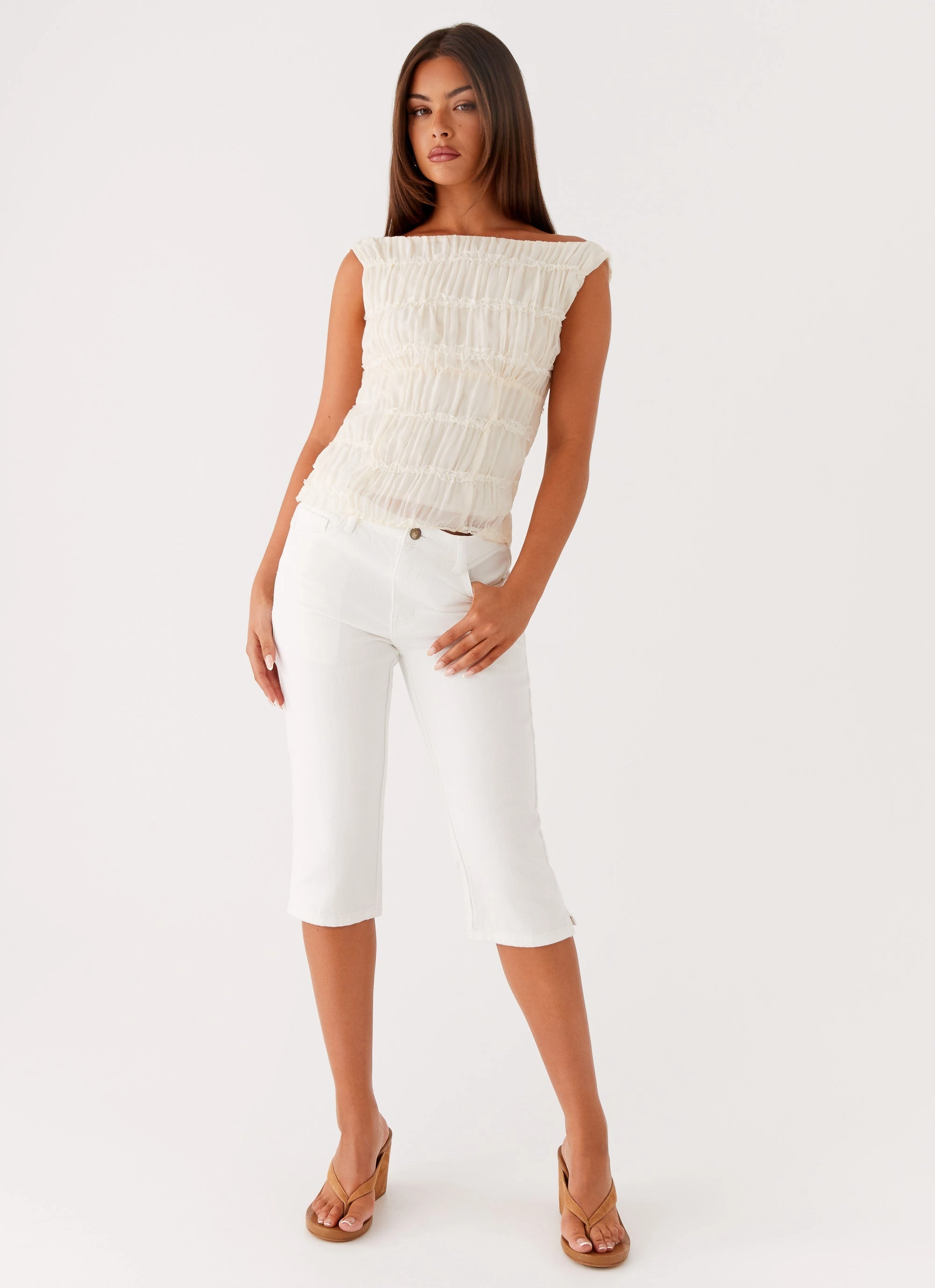 Minimalist Style Holiday Vibes Weekend Warrior Rocco Denim Capri Pants - Off White