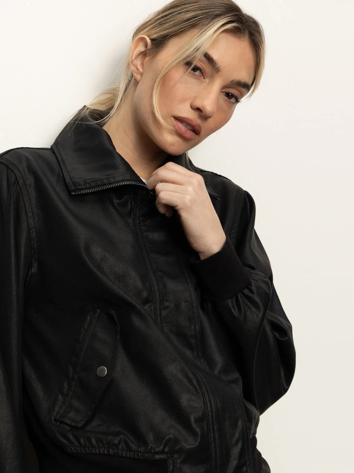 Coated Twill Bomber Jacket Black Fashionable Look
