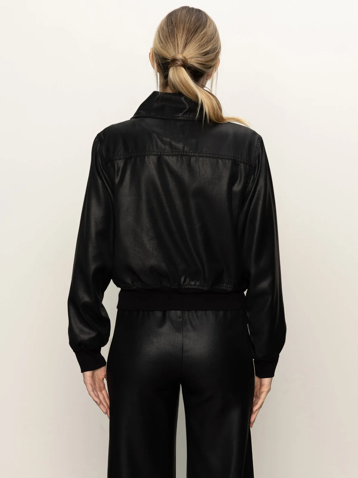 Coated Twill Bomber Jacket Black Drop Shoulder Silhouette SoftBrushed