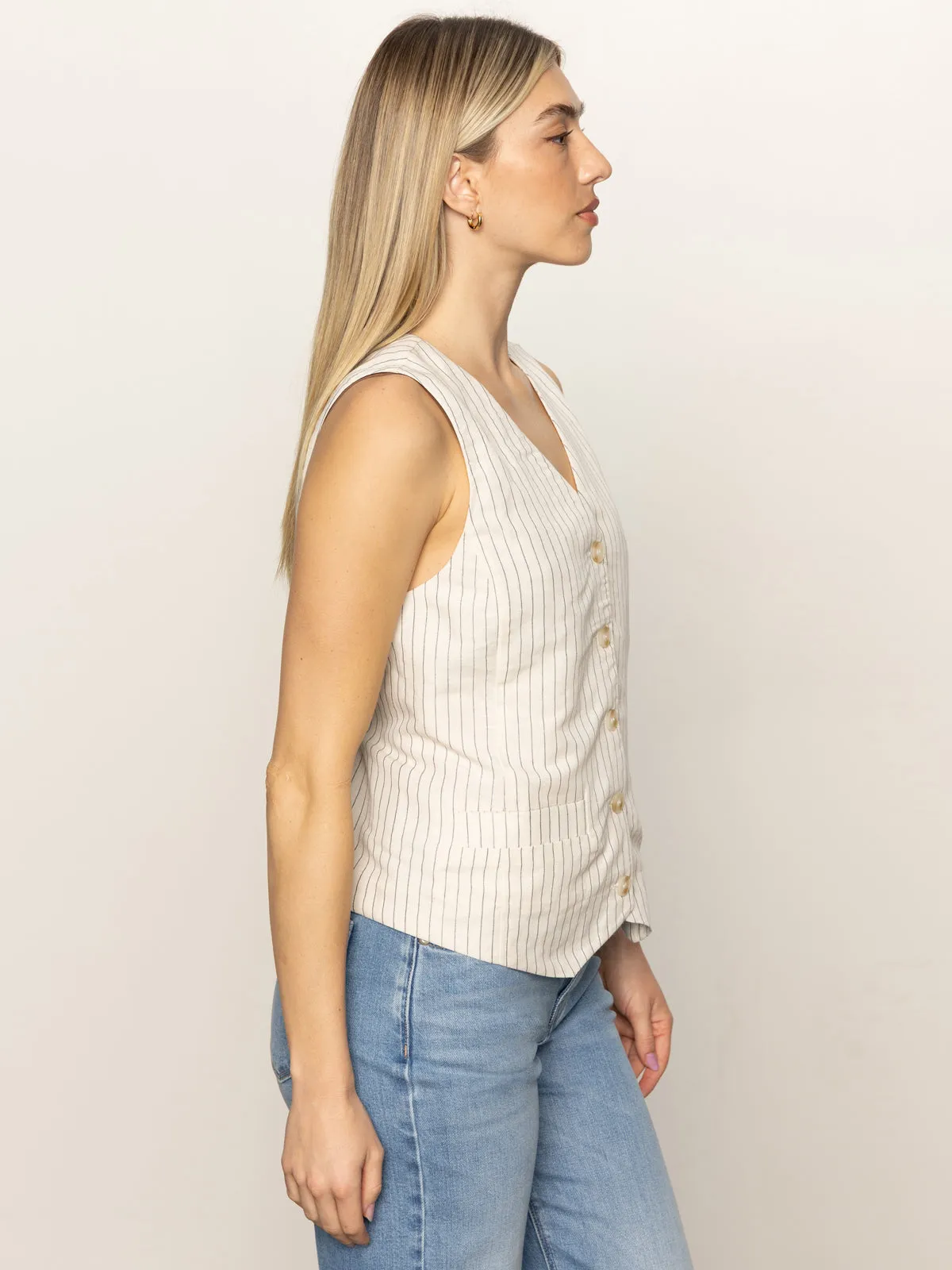 Button Down Collar Loose Sweater Relaxed Modern Vest Natural Metallic Stripe