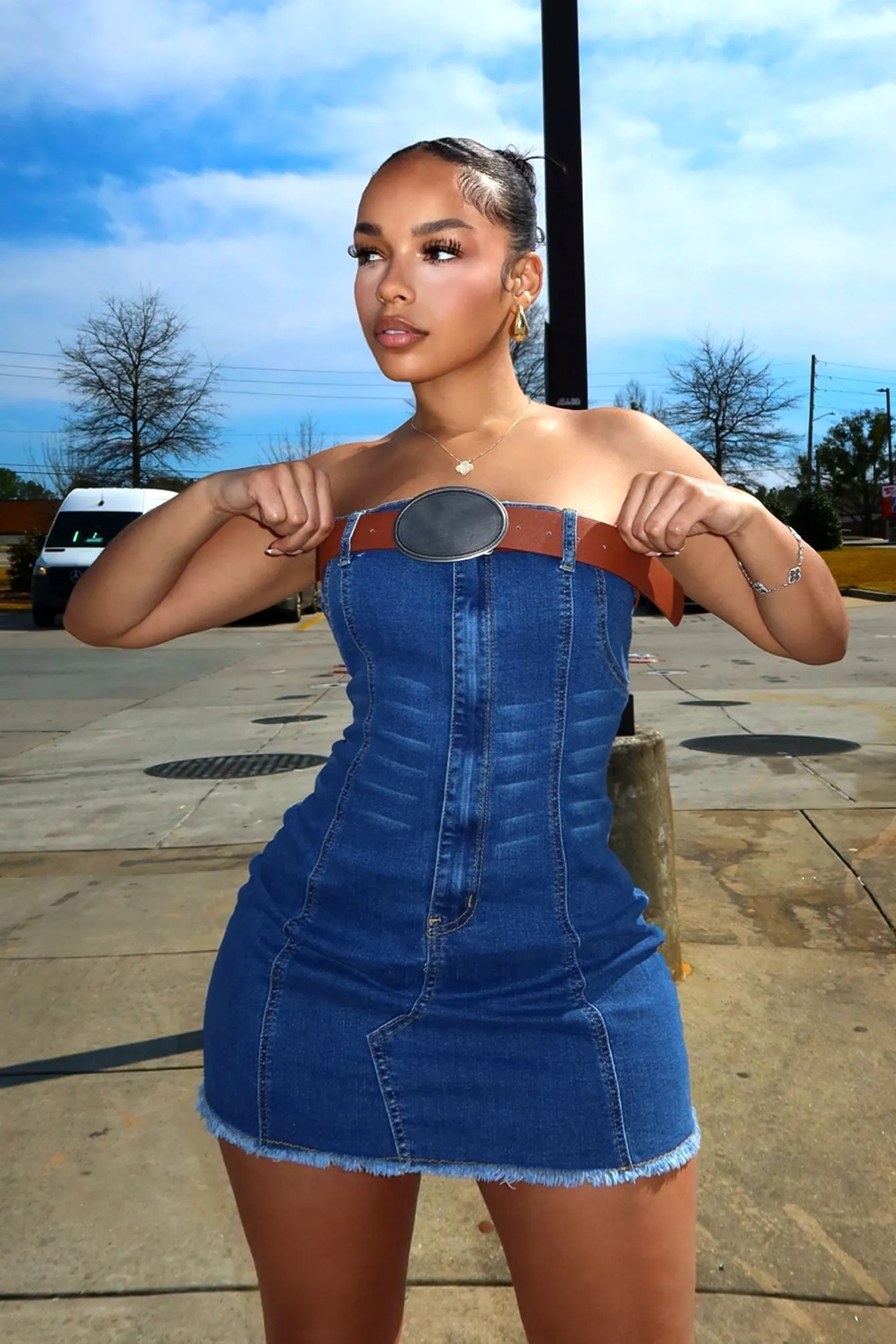 Bottoms Up Belted Denim Tube Dress Casual Chic
