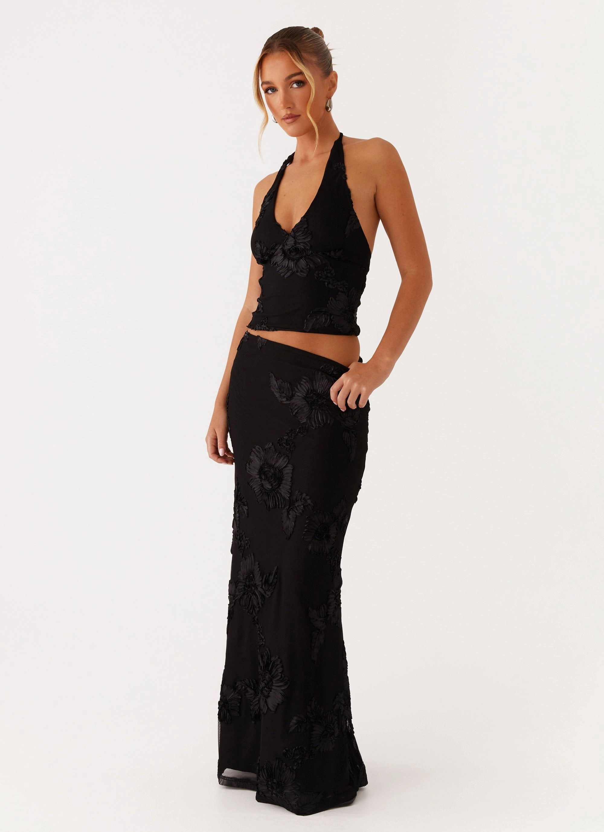 Pocket Design Casual Edge Radiate Maxi Skirt - Black