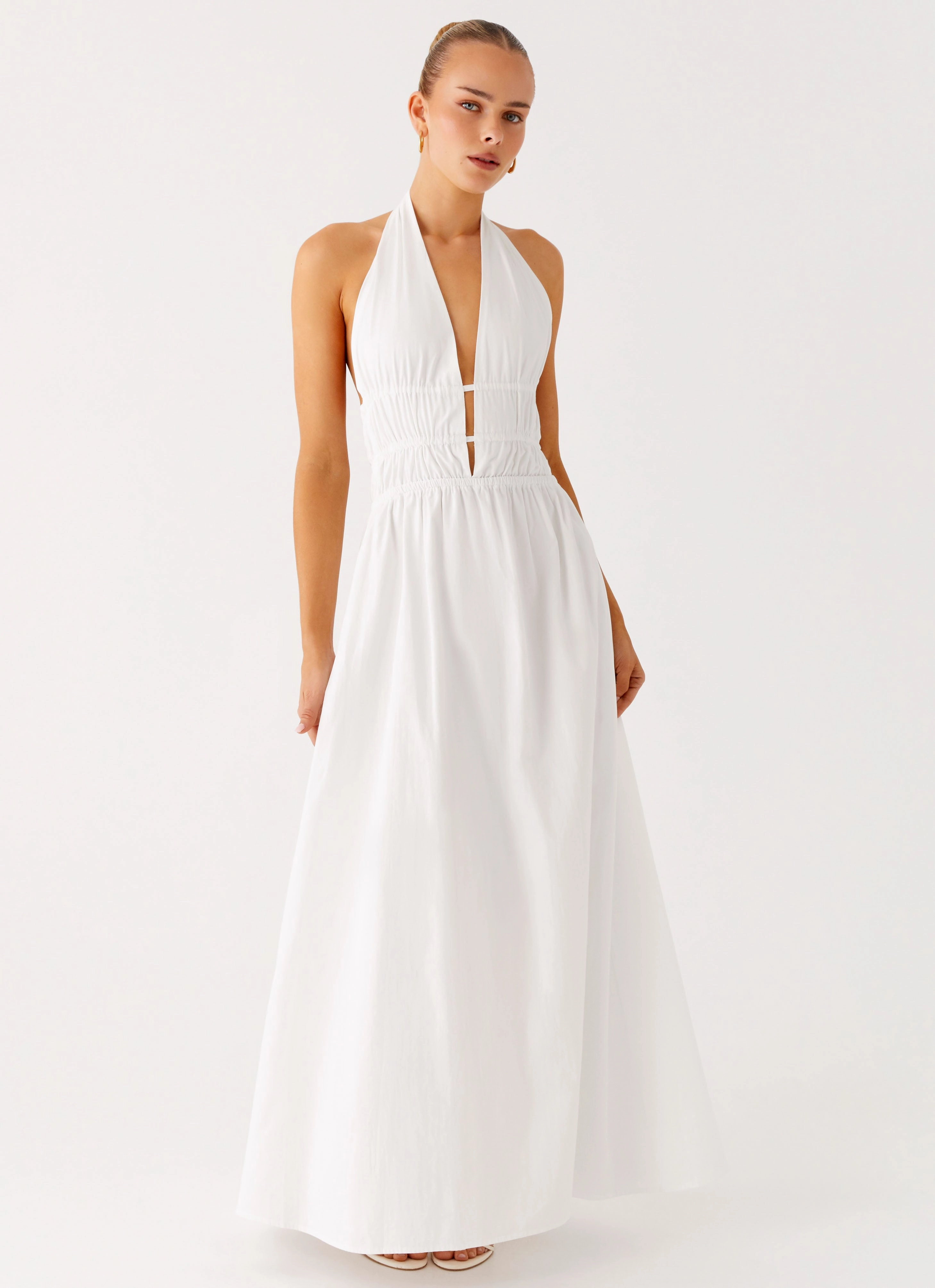 Resort Outfit Raglan-Sleeve Figaro Halter Maxi Dress - White