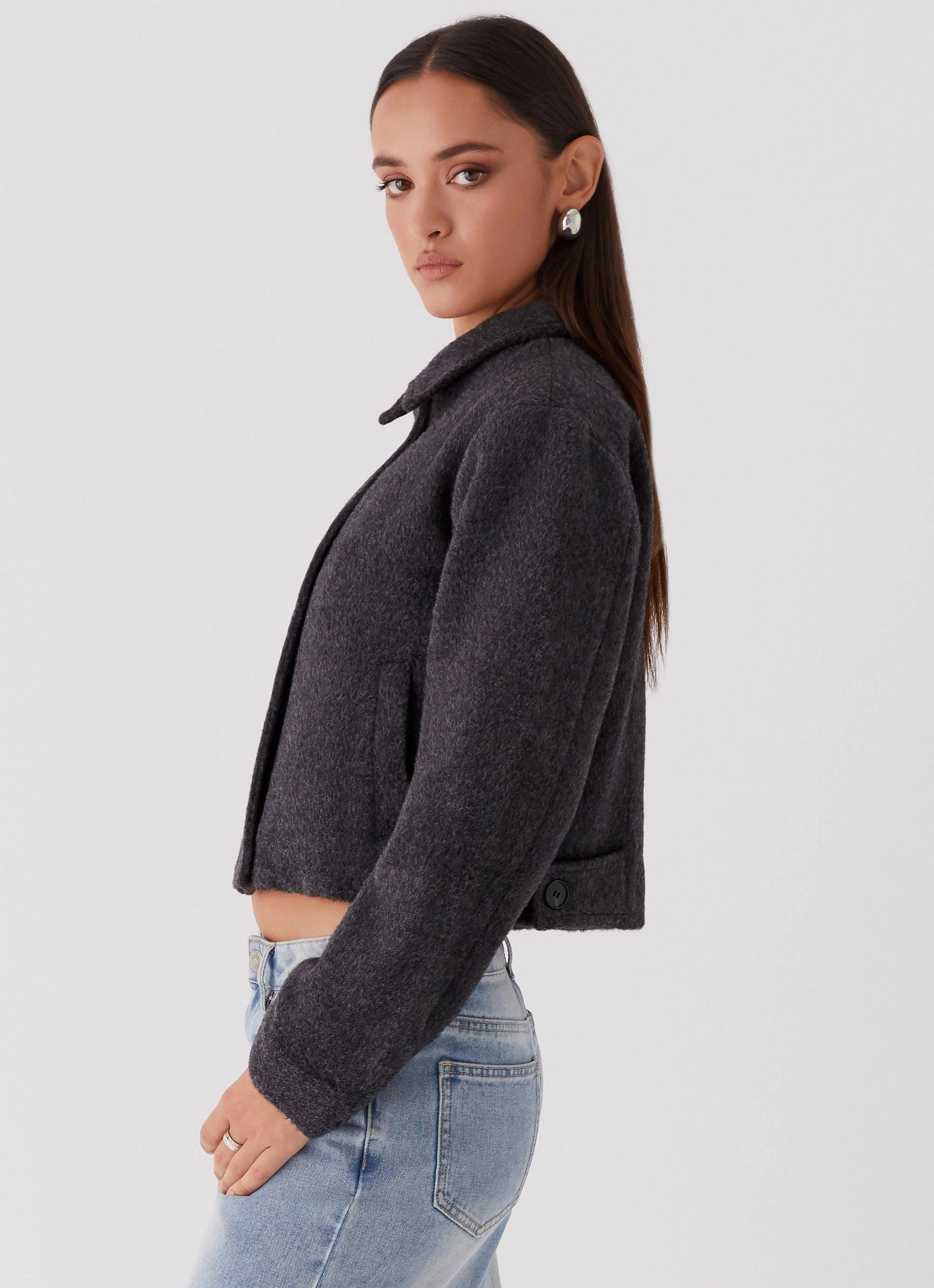 Waist Belt Travel Ready Lexi Jayde Wool Zip Jacket - Dark Grey