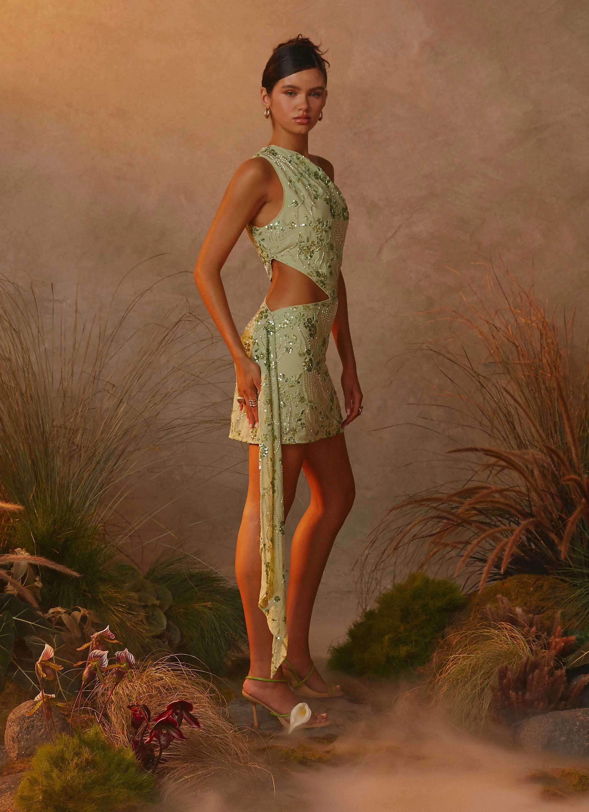 natural fiber Juelz Beaded Mini Dress - Lime