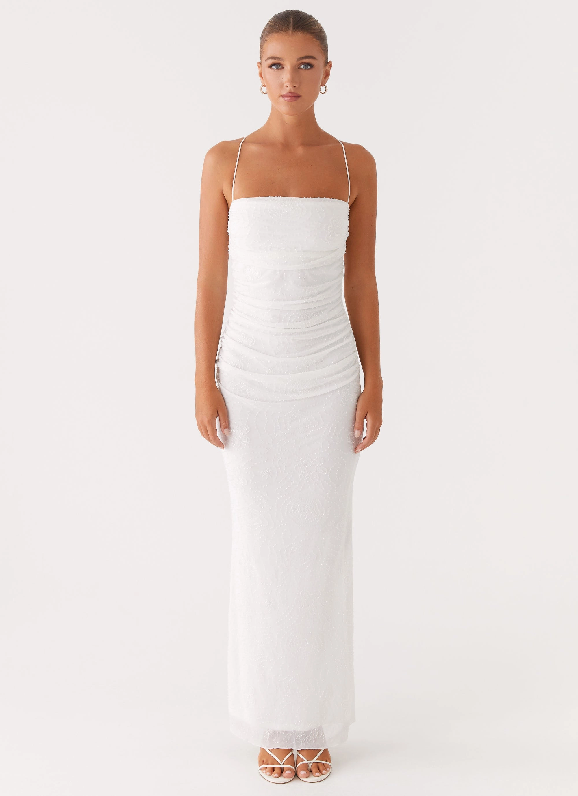 All-season Layered Volume Paxton Beaded Maxi Dress - White