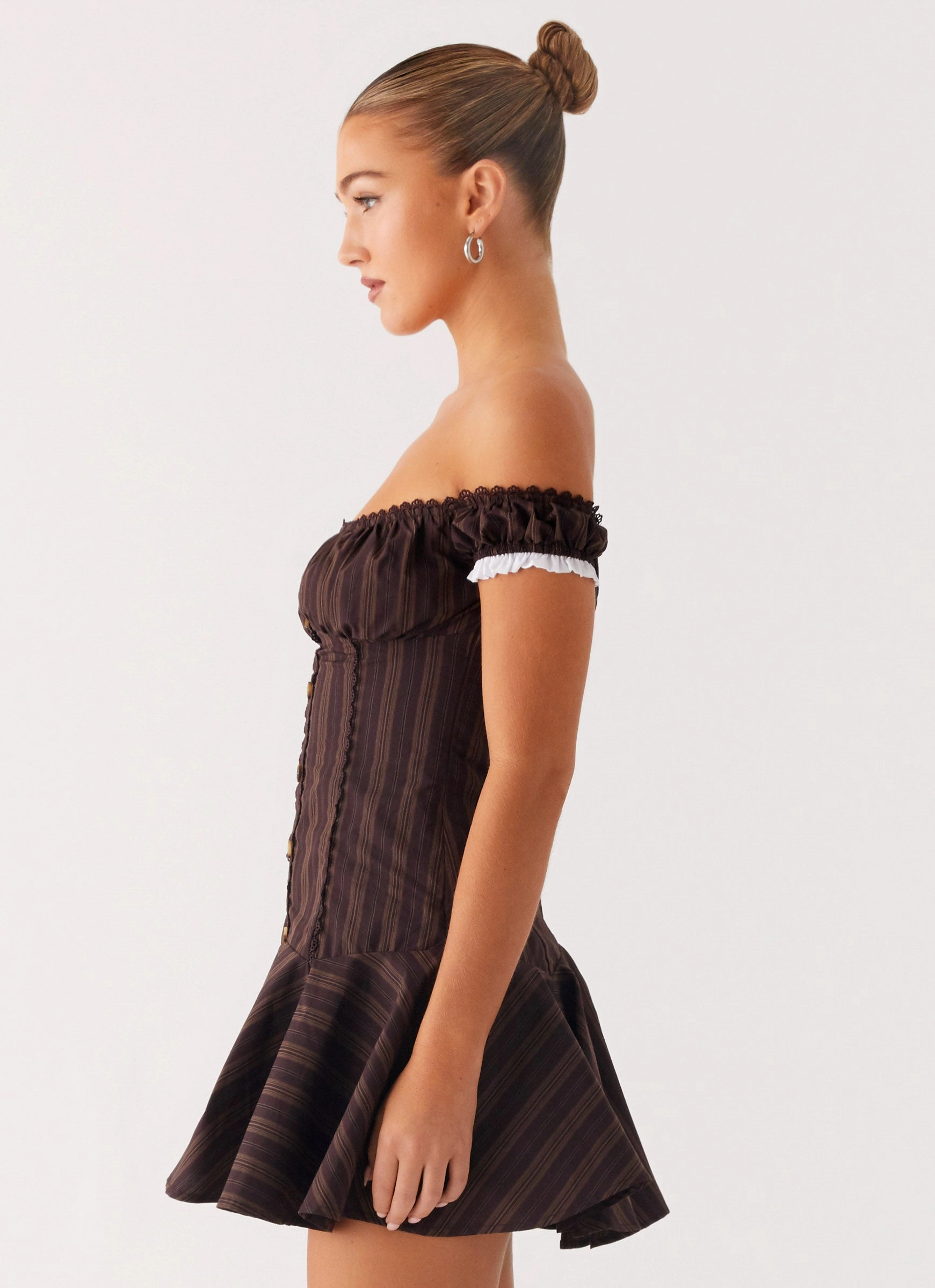 Light Fabrication Jumana Off Shoulder Mini Dress - Toffee Stripe