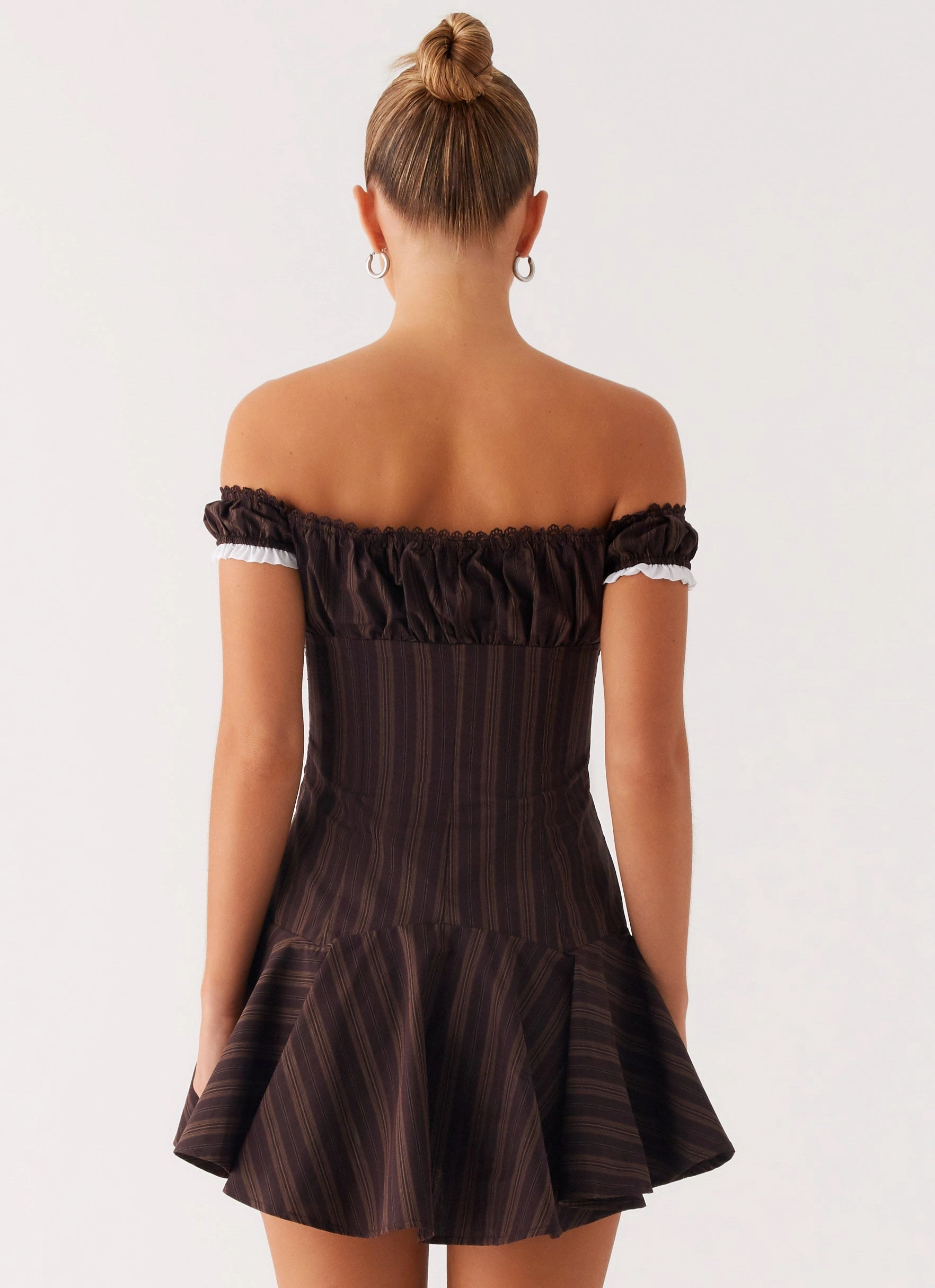 Jumana Off Shoulder Mini Dress - Toffee Stripe Leather Look