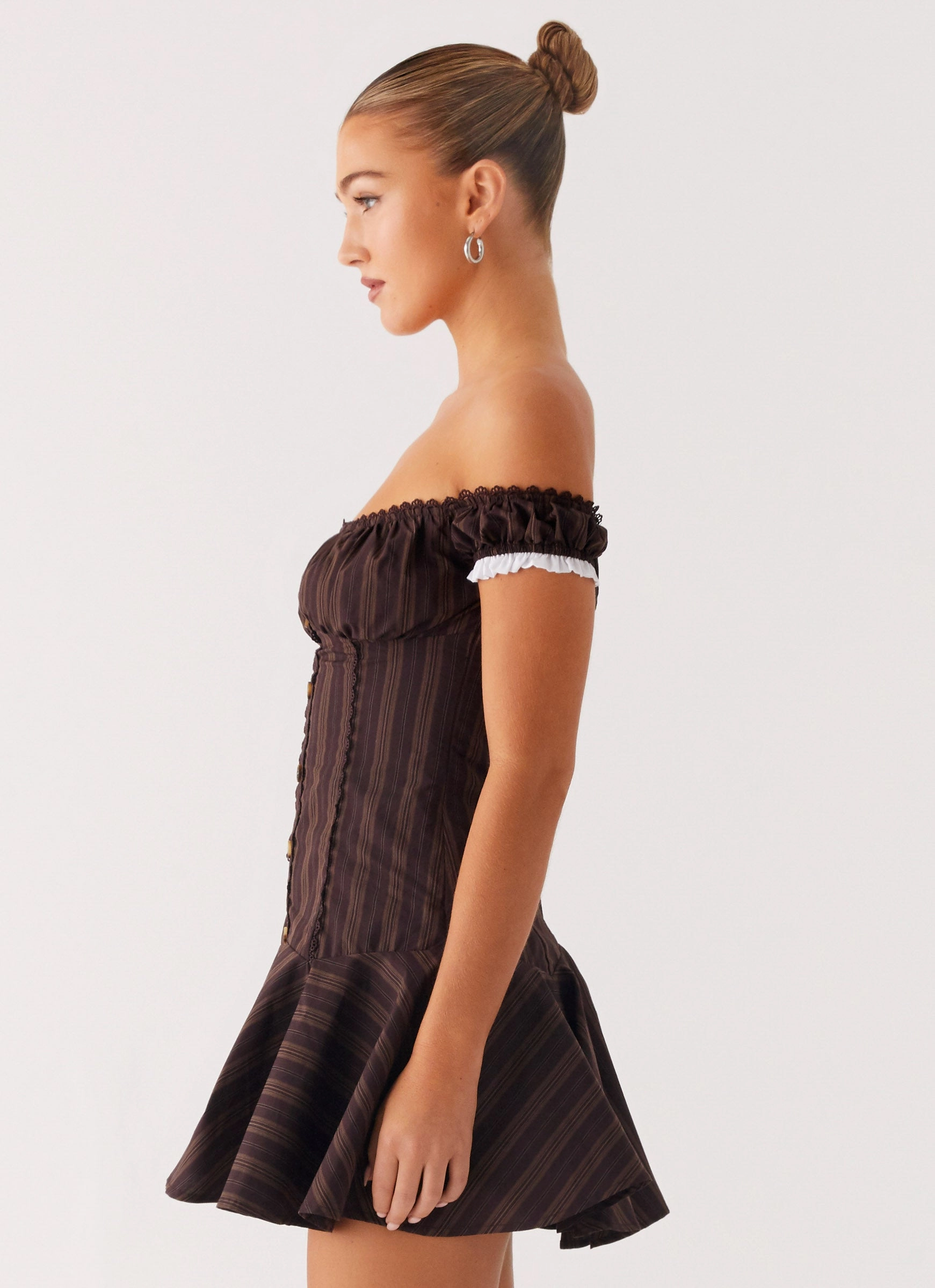 Jumana Off Shoulder Mini Dress - Toffee Stripe Classic Appeal Polished Cut