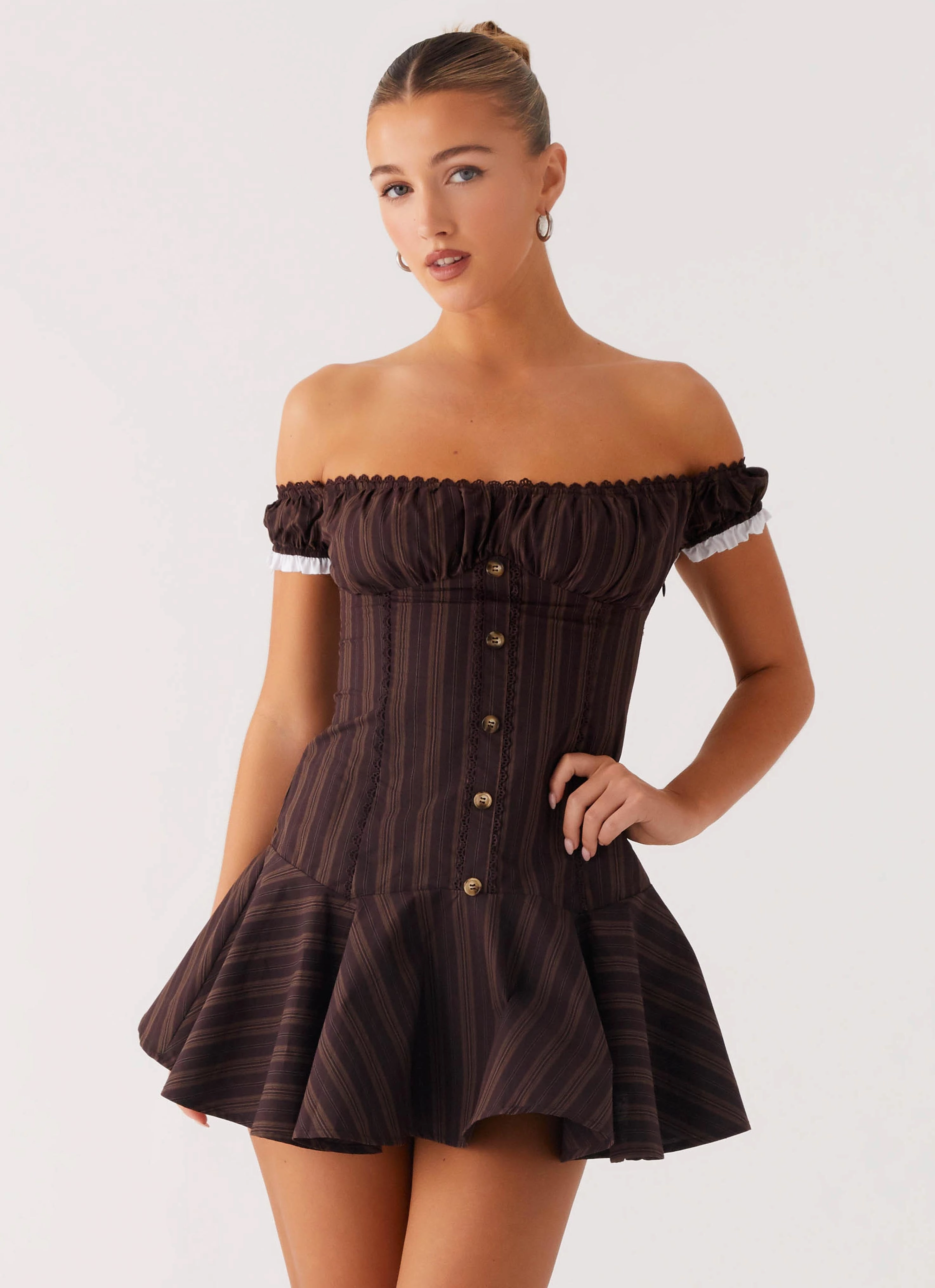 Jumana Off Shoulder Mini Dress - Toffee Stripe Smooth Texture