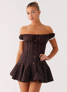 Jumana Off Shoulder Mini Dress - Toffee Stripe Smooth Texture