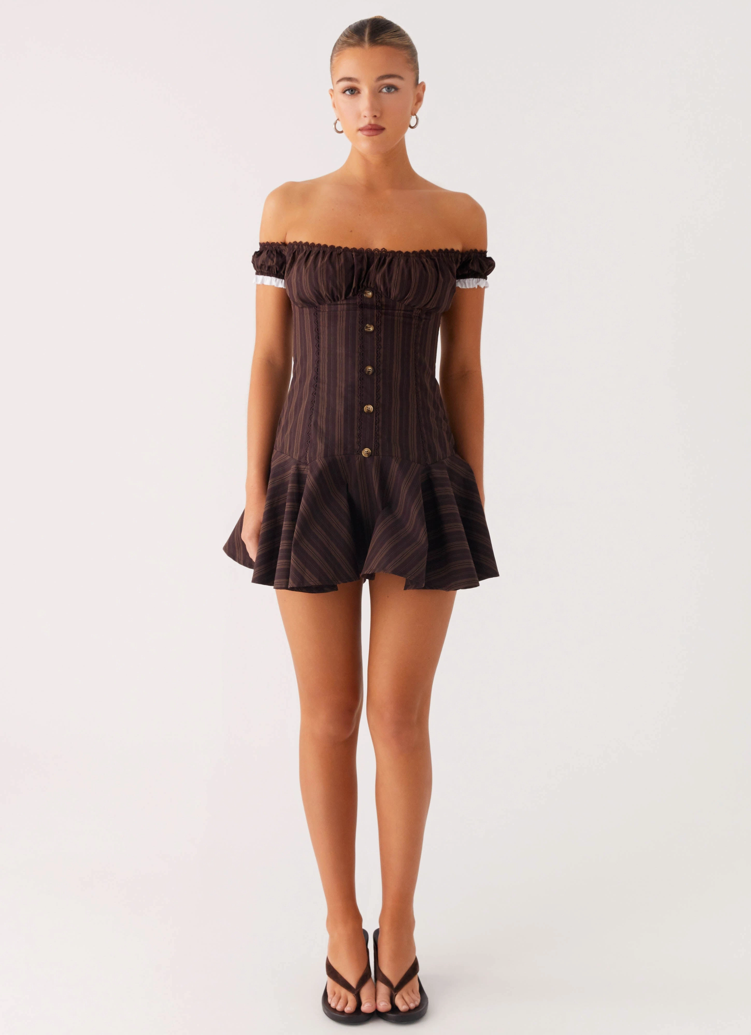 Jumana Off Shoulder Mini Dress - Toffee Stripe Thermal-Lined