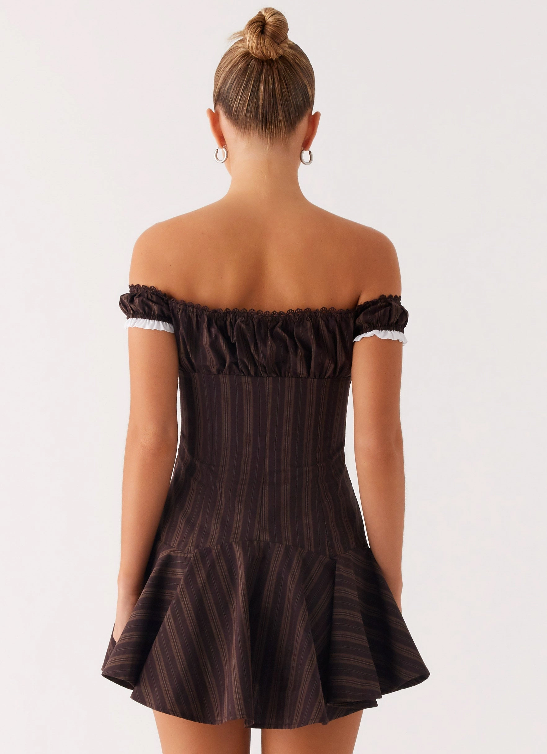 Jumana Off Shoulder Mini Dress - Toffee Stripe Dance-Party