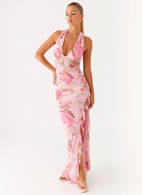 Versatile Layer Wear Subtle Look Micca Halter Maxi Dress - Pink Floral Print