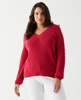 Plus Size Cable Knit V-Neck Sweater Flatlock stitching