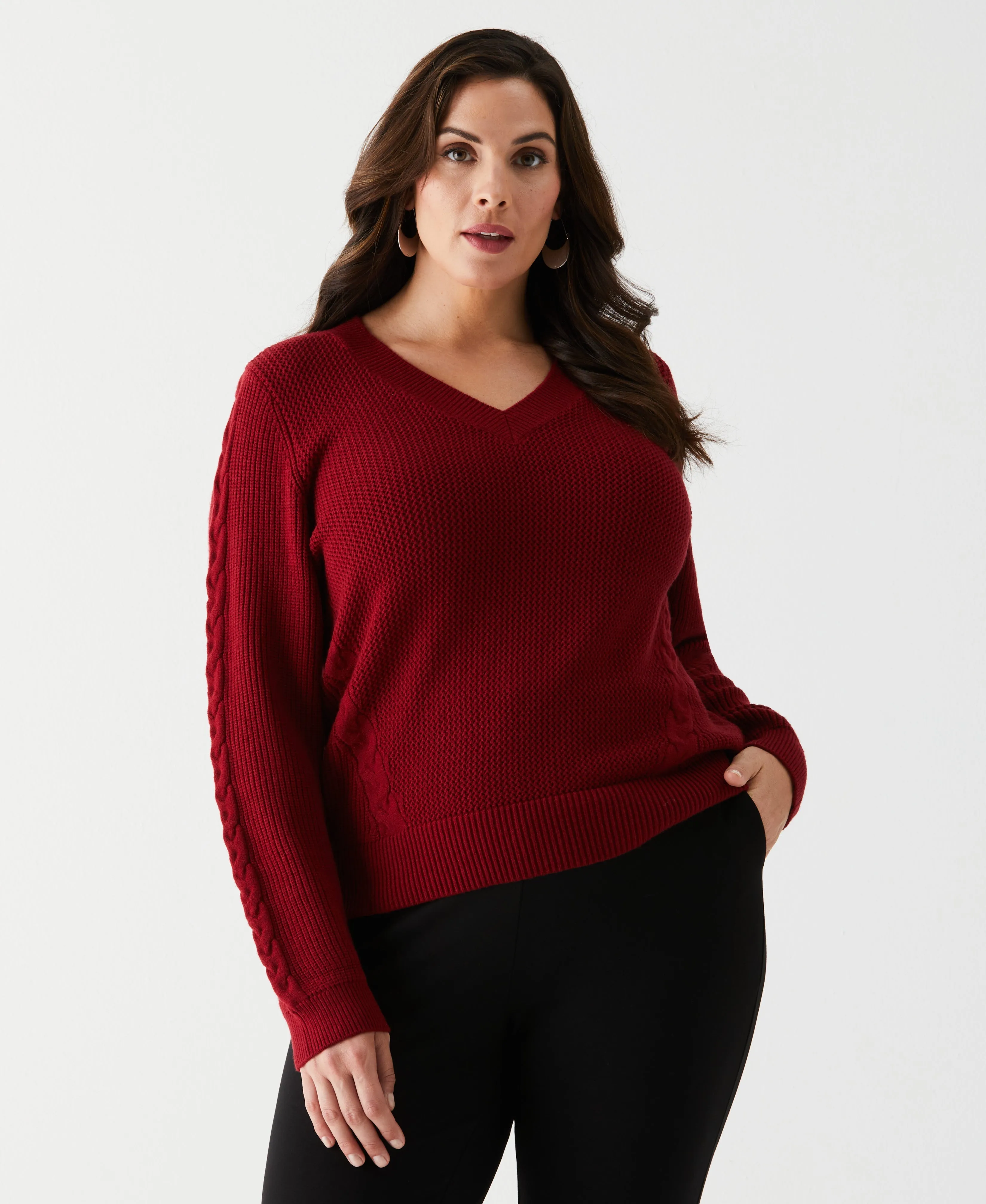 Plus Size Cable Knit V-Neck Sweater Winter-Ready Knit Fashion Knit